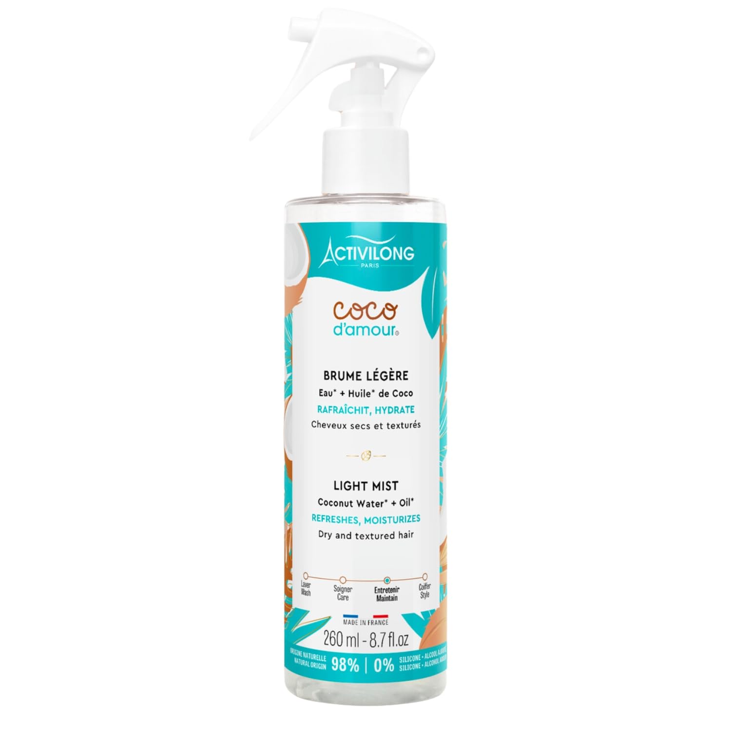 ACTIVILONG - Brume Légère Coco D'Amour - Sans Rinçage - Cheveux Texturés - Rafraîchit, Hydrate - 98% D'Ingrédients Naturels - Made in France - 260ml