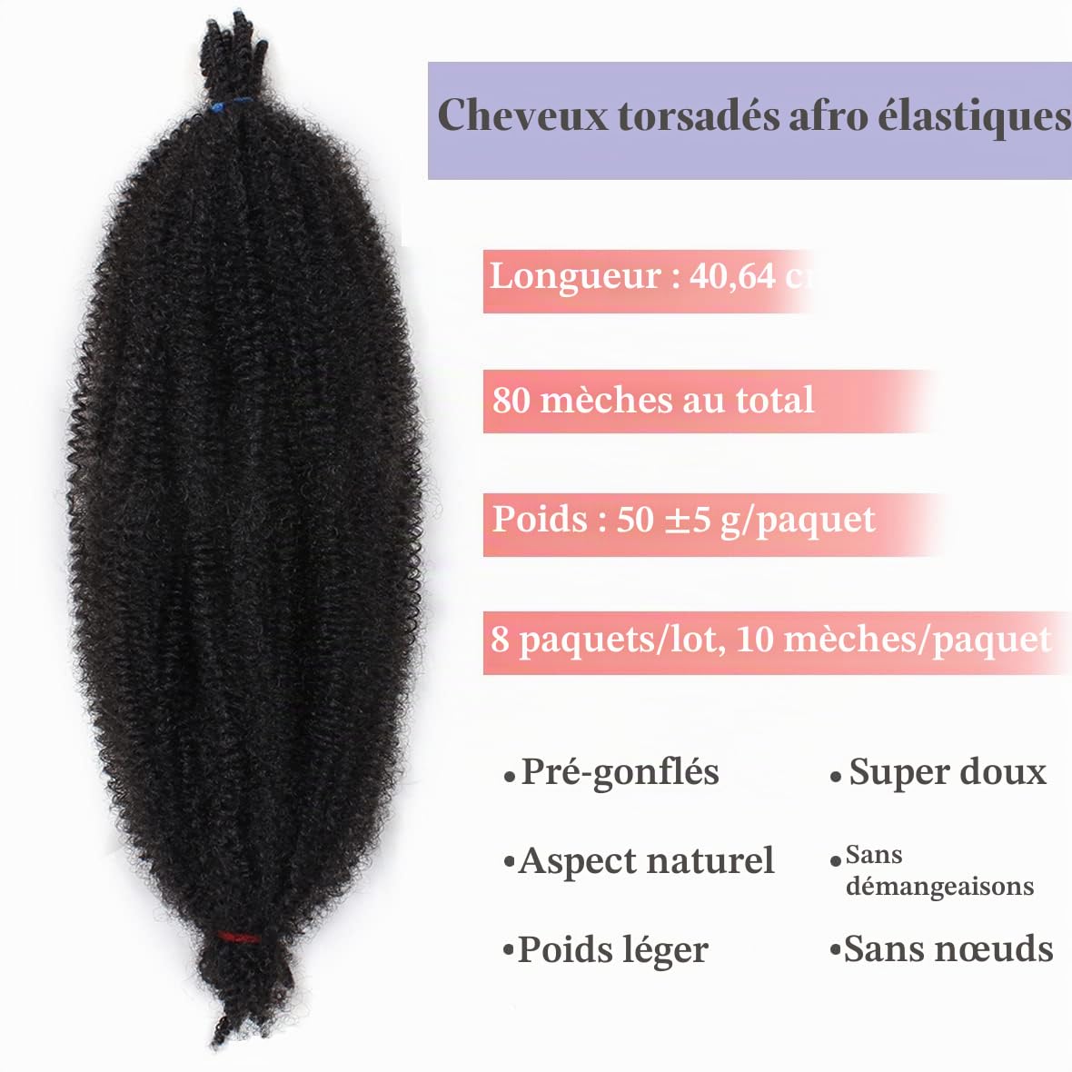 Leeven 16 Pouces Pre Separated Springy Twist Hair 8 Packs Pre-Fluffed Popping Crochet for Distressed Locs Afro Kinky Curly Marley Braiding Hair Extensions /1B#