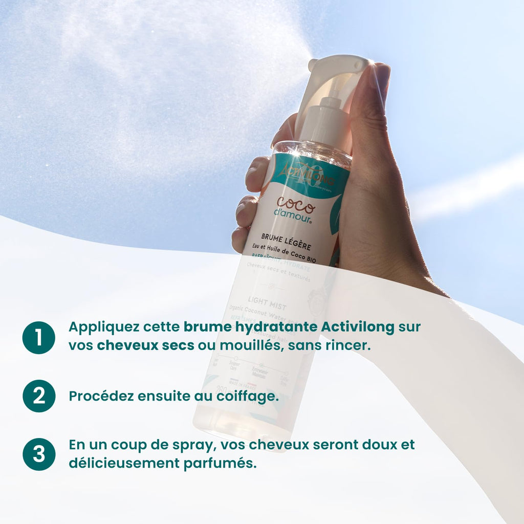 ACTIVILONG - Brume Légère Coco D'Amour - Sans Rinçage - Cheveux Texturés - Rafraîchit, Hydrate - 98% D'Ingrédients Naturels - Made in France - 260ml