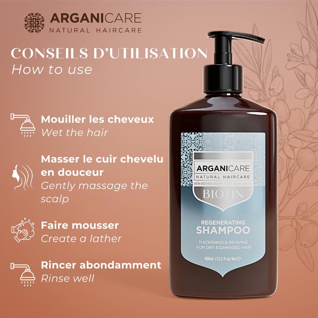 ARGANICARE Shampooing Régénérant Fortifiant Biotine & Huile d’Argan – Vitalité, Nutrition et Résistance – Renforce la Fibre Capillaire – Cheveux Fragilisés et Ternes – 400 mL