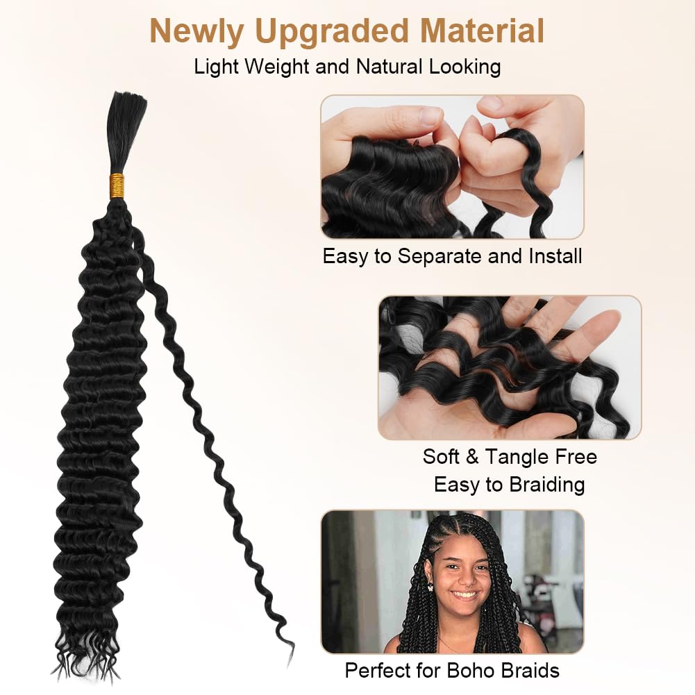 Aomig Cheveux Crochetés Tresses de Bohème, 2PACK/65CM Paquets de Bulk Cheveux Tressés Deep Wave Deep Twist, Meches pour Tresses Africaine, Braids Tissage Synthétique Bresilien (65cm,Noir)