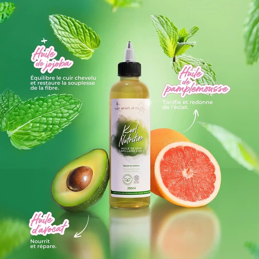Les Secrets de Loly – Kurl Nutrition – Huile capillaire 3-en-1 Nourrissante & fortifiante – Cheveux ondulés, bouclés, frisés et crépus – 100% d'origine naturelle – 250 ml