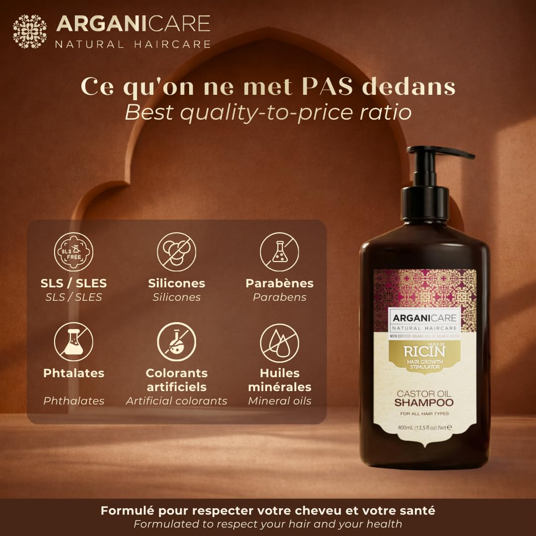 ARGANICARE Shampooing Régénérant Fortifiant Biotine & Huile d’Argan – Vitalité, Nutrition et Résistance – Renforce la Fibre Capillaire – Cheveux Fragilisés et Ternes – 400 mL