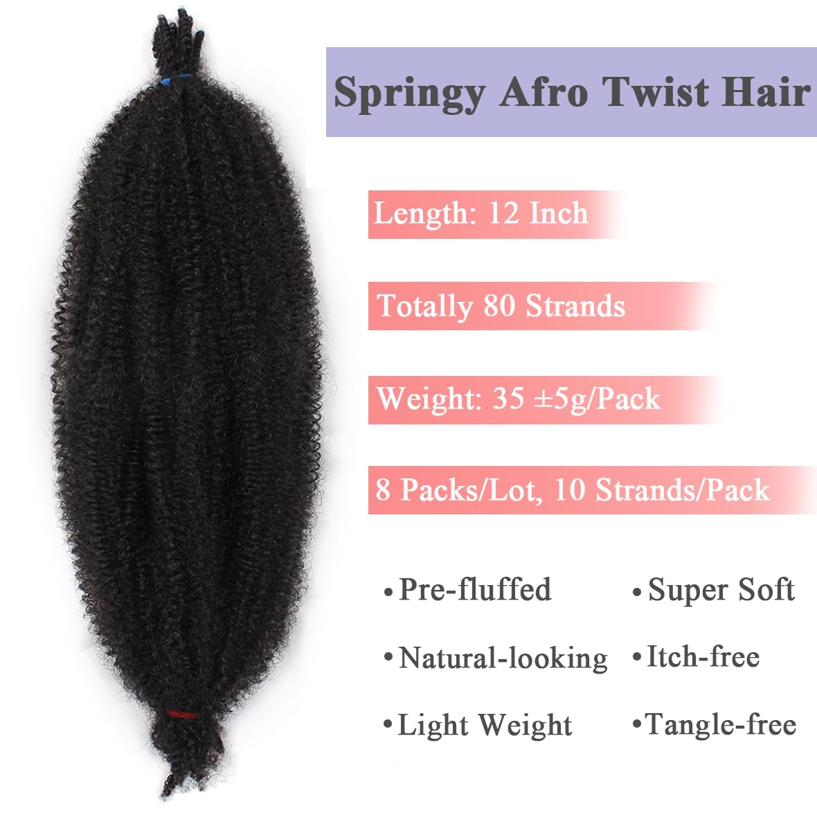 Leeven 16 Pouces Pre Separated Springy Twist Hair 8 Packs Pre-Fluffed Popping Crochet for Distressed Locs Afro Kinky Curly Marley Braiding Hair Extensions /1B#