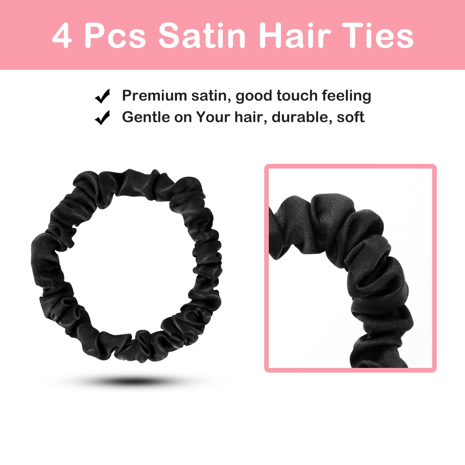 Sularpek Chouchou Femme 4 Pièces - Elastique Satin Soie Antidérapant pour Cheveux - Noir - pour Femmes ou Filles