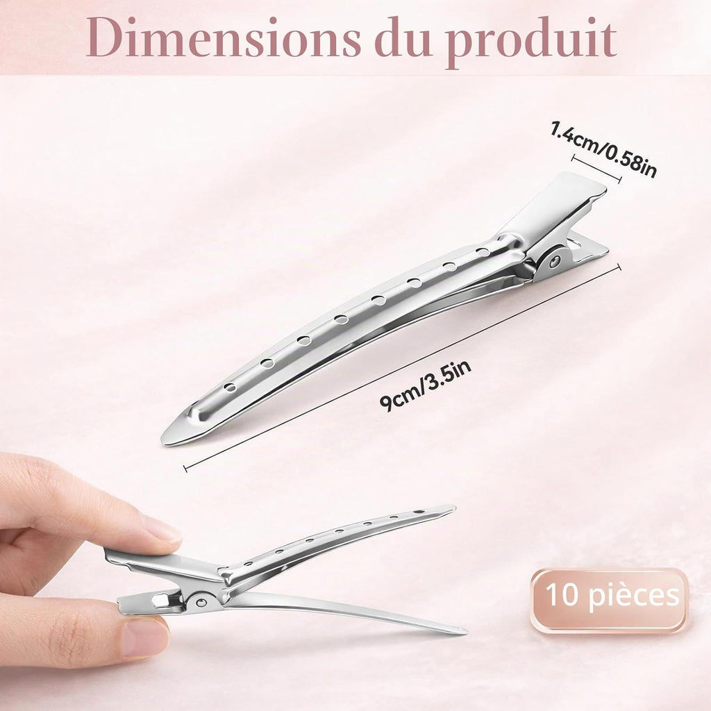 Lot de 10 Pinces Crocodile Cheveux Métal 9 cm – Pinces à Cheveux Femme Bec de Canard avec Boîte – Idéales pour Brushing, Bigoudis, Coloration & Coiffure à Domicile – Argenté