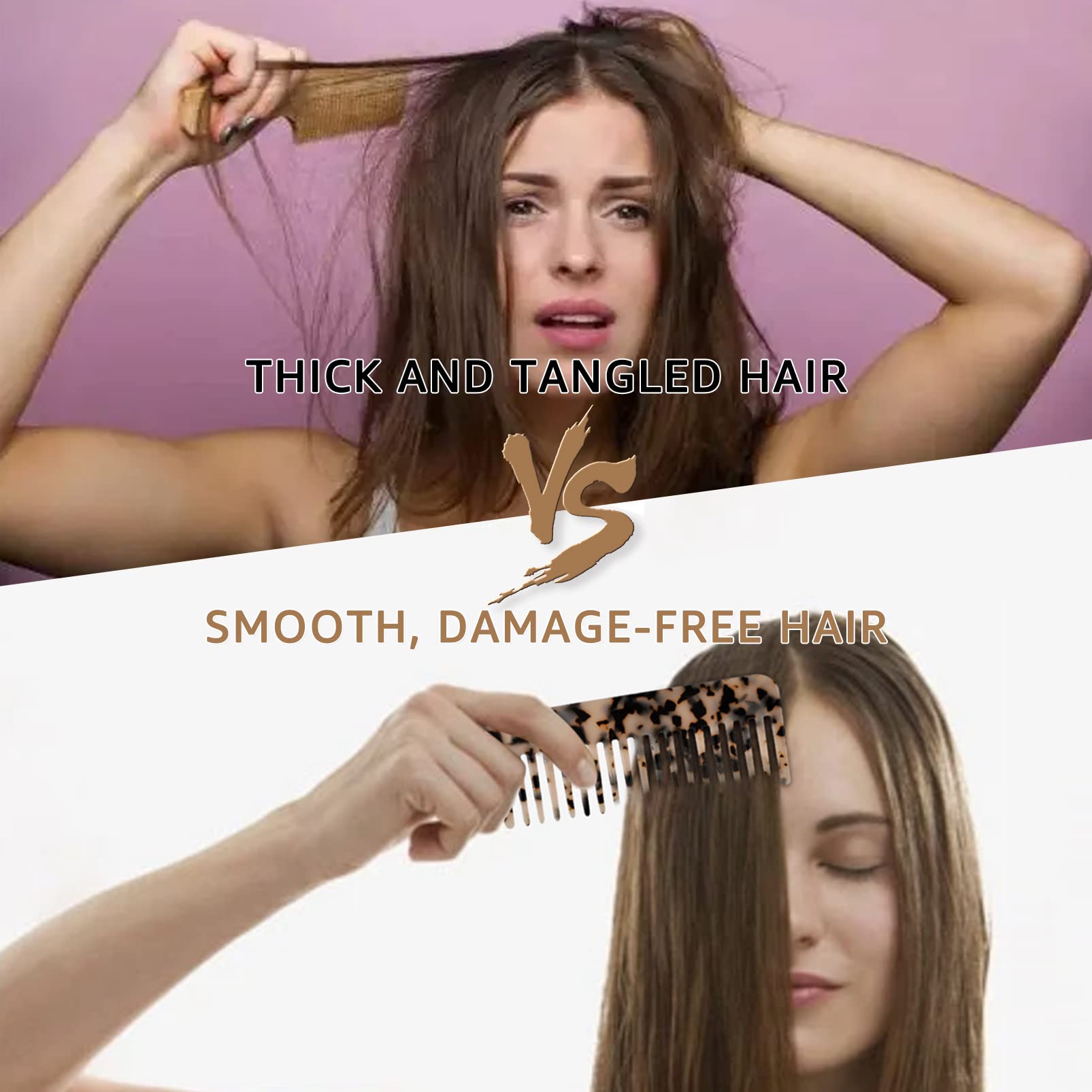 Peigne Démêloir Grosse Dent Large Brosse Cheveux Bouclés Résistant à la Chaleur Peignes Antistatiques en Fibre pour Cheveux Longs Mouillés ou Bouclés pour Femmes Enfants Barbier (Marron/Blanc)