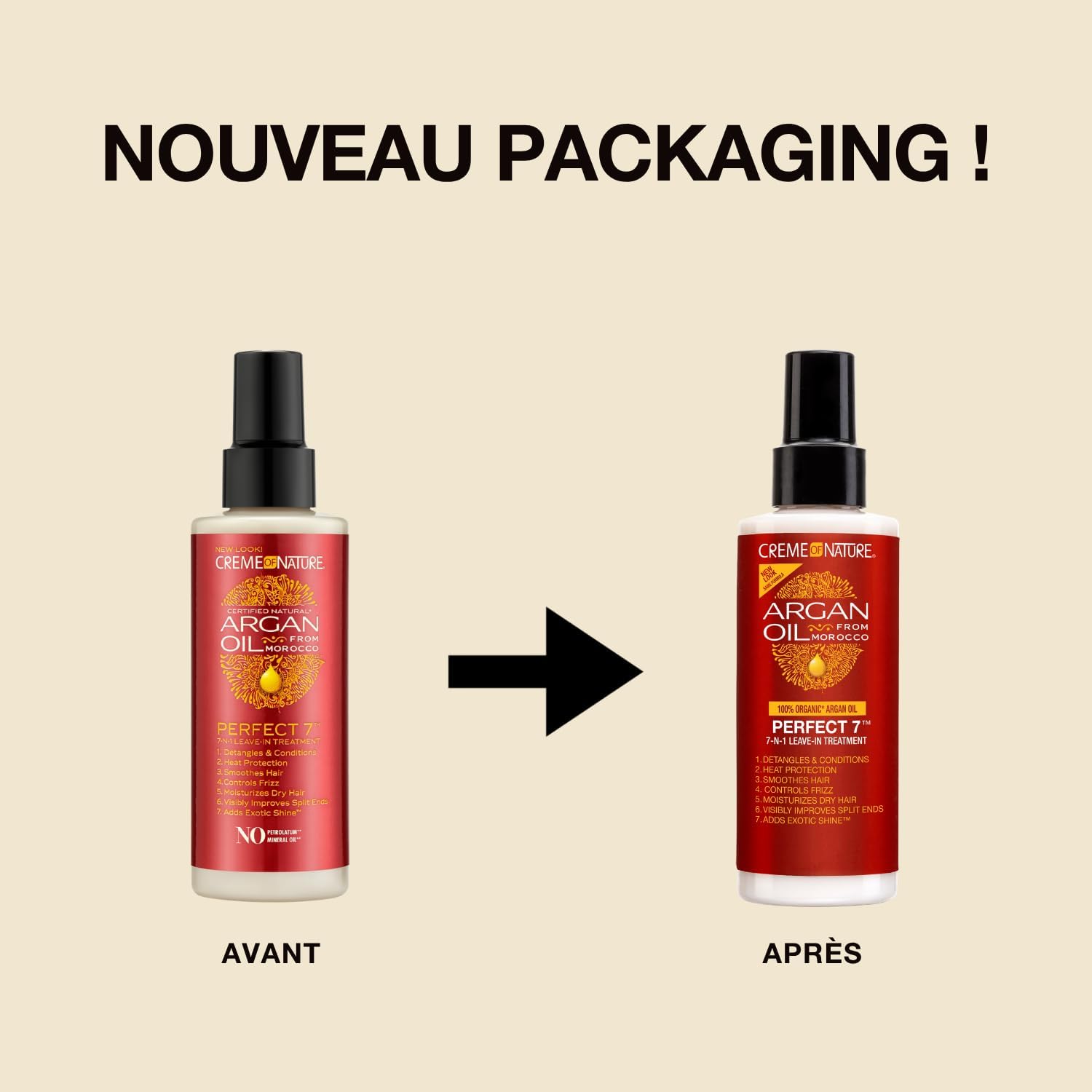 Creme of Nature - Argan Oil - Soin Perfect 7 - Spray Cheveux 7 bénéfices en 1 produit - Soin des Cheveux Bouclés Frisés et Crépus à l’Huile d’Argan du Maroc - Sans Rinçage - Flacon de 150ml