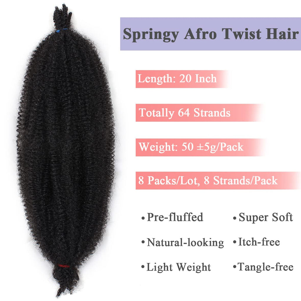 Leeven 16 Pouces Pre Separated Springy Twist Hair 8 Packs Pre-Fluffed Popping Crochet for Distressed Locs Afro Kinky Curly Marley Braiding Hair Extensions /1B#