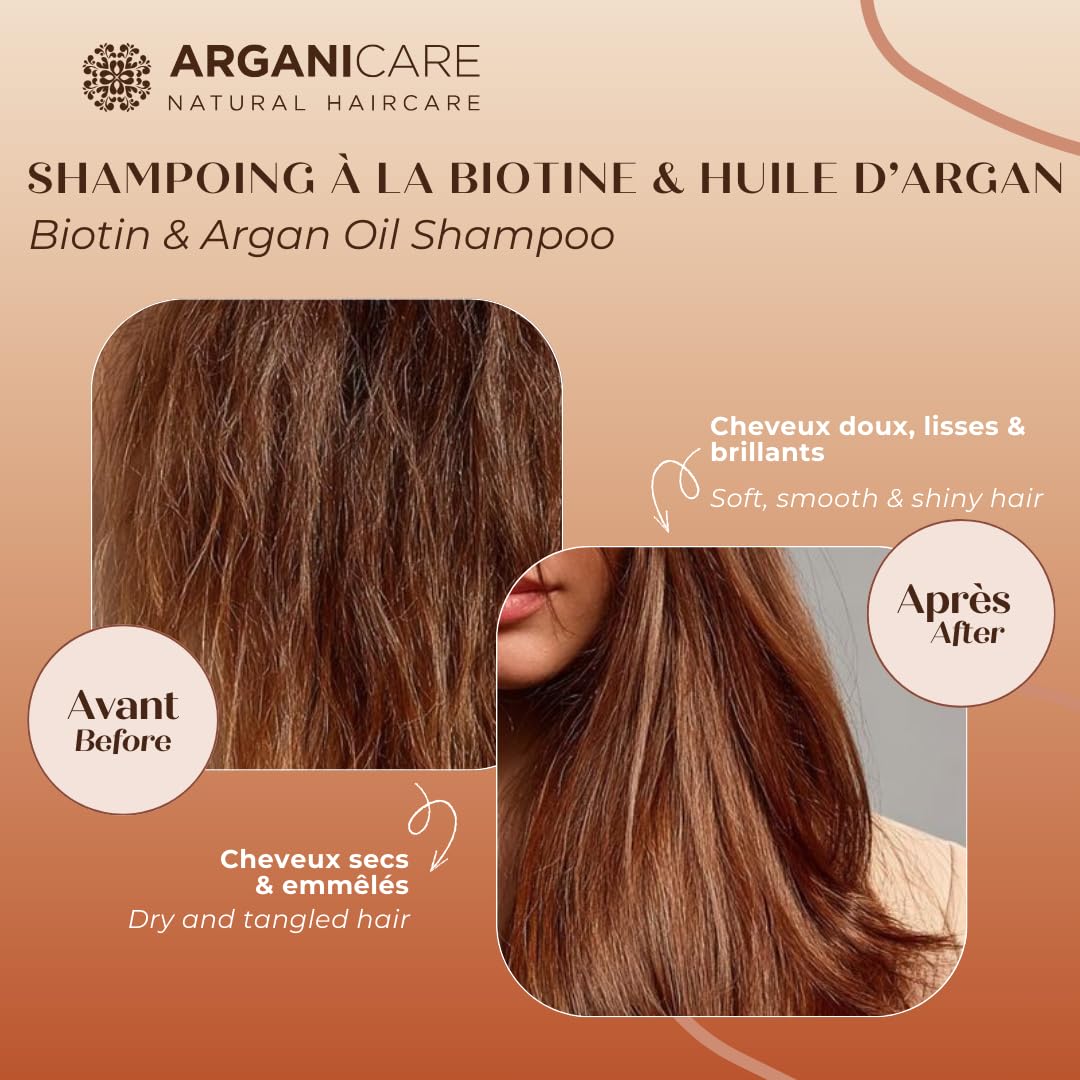 ARGANICARE Shampooing Régénérant Fortifiant Biotine & Huile d’Argan – Vitalité, Nutrition et Résistance – Renforce la Fibre Capillaire – Cheveux Fragilisés et Ternes – 400 mL