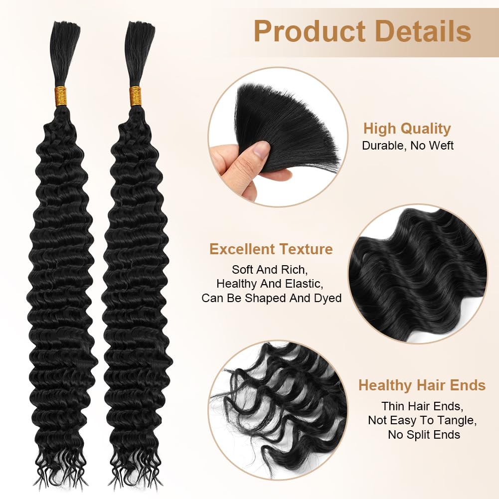 Aomig Cheveux Crochetés Tresses de Bohème, 2PACK/65CM Paquets de Bulk Cheveux Tressés Deep Wave Deep Twist, Meches pour Tresses Africaine, Braids Tissage Synthétique Bresilien (65cm,Noir)