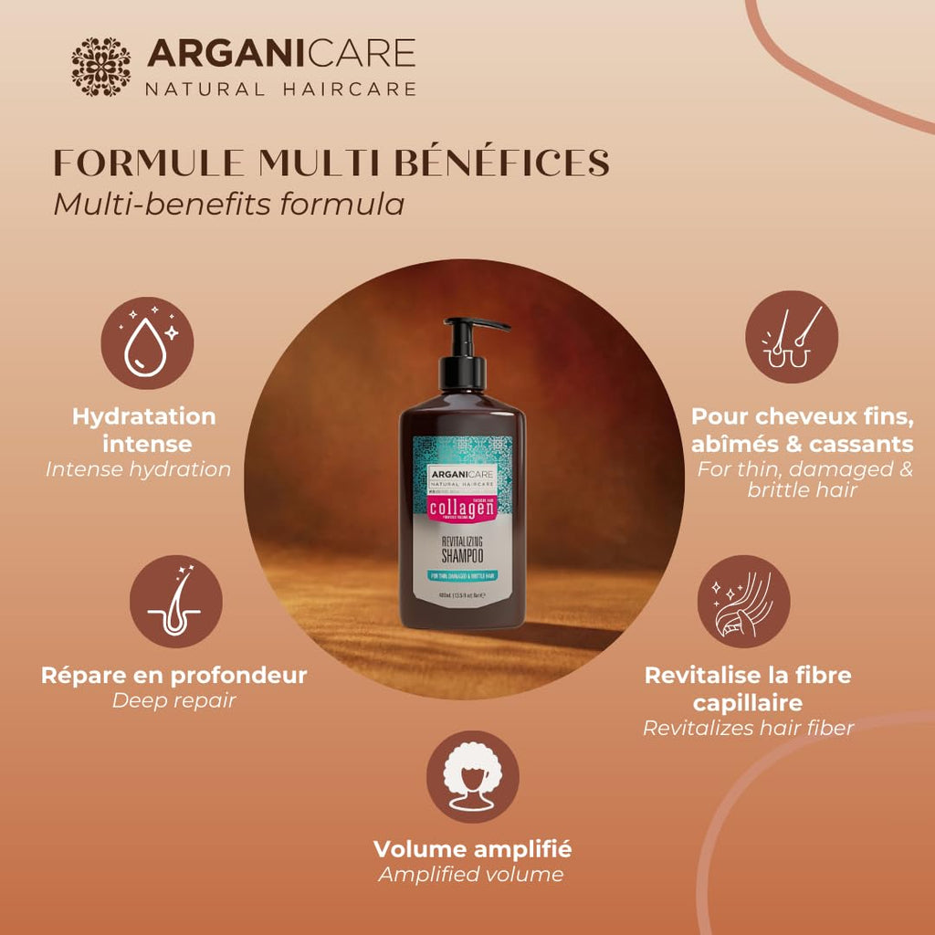 ARGANICARE Shampooing Régénérant Fortifiant Biotine & Huile d’Argan – Vitalité, Nutrition et Résistance – Renforce la Fibre Capillaire – Cheveux Fragilisés et Ternes – 400 mL