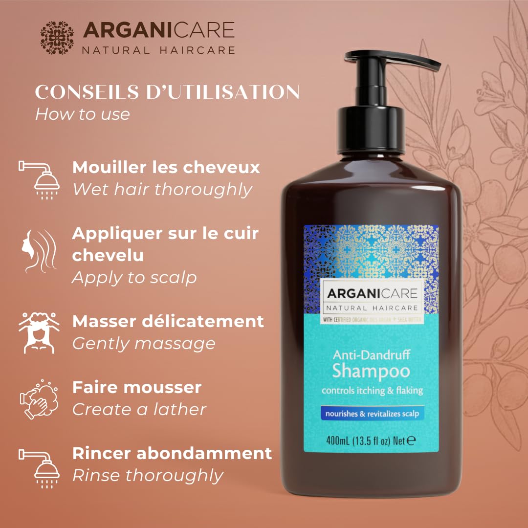 ARGANICARE - Shampoing traitant Antipelliculaire à l'Huile d'Argan - Soin Cheveux Secs et Abîmés - Flacon 400 ml