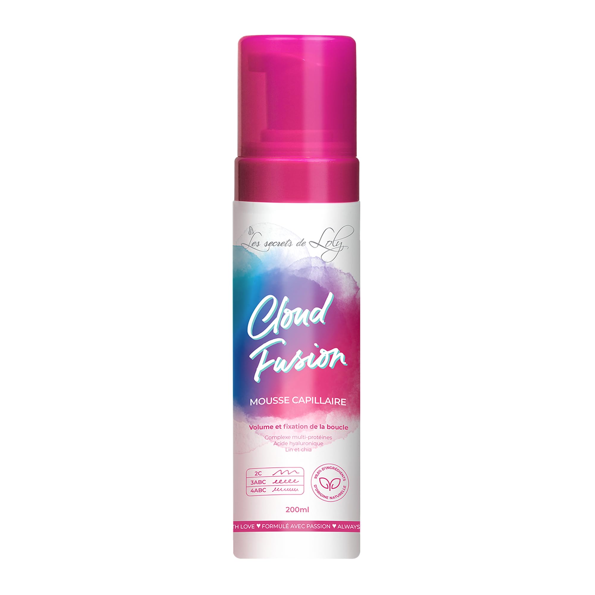 Les Secrets de Loly – Cloud Fusion – Mousse coiffante fixante Volume & définition – Cheveux ondulés, bouclés et frisés – Avec acide hyaluronique – 200 ml