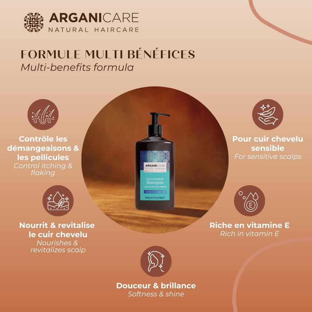 ARGANICARE - Shampoing traitant Antipelliculaire à l'Huile d'Argan - Soin Cheveux Secs et Abîmés - Flacon 400 ml