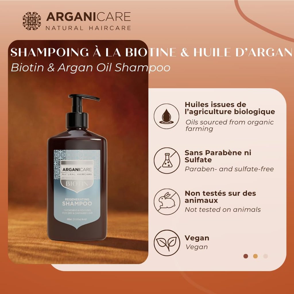 ARGANICARE Shampooing Régénérant Fortifiant Biotine & Huile d’Argan – Vitalité, Nutrition et Résistance – Renforce la Fibre Capillaire – Cheveux Fragilisés et Ternes – 400 mL