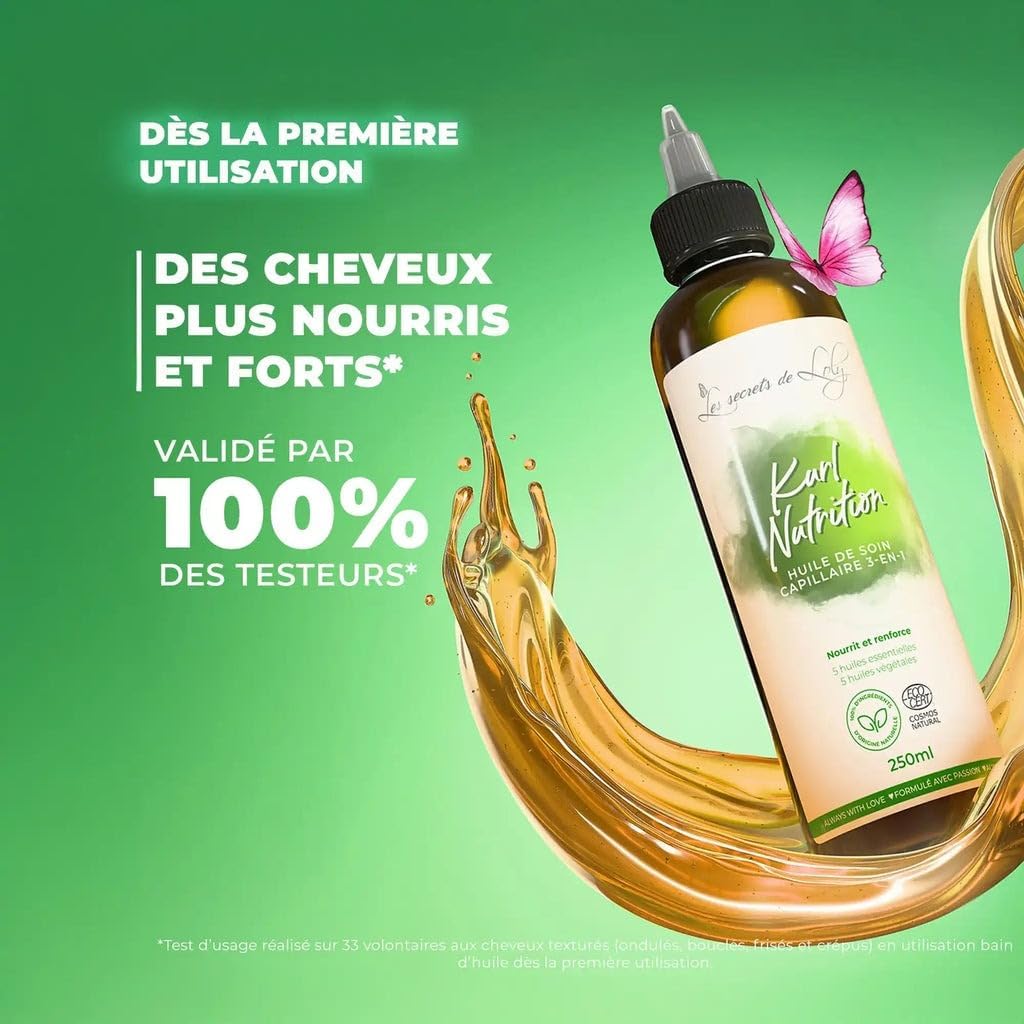 Les Secrets de Loly – Kurl Nutrition – Huile capillaire 3-en-1 Nourrissante & fortifiante – Cheveux ondulés, bouclés, frisés et crépus – 100% d'origine naturelle – 250 ml