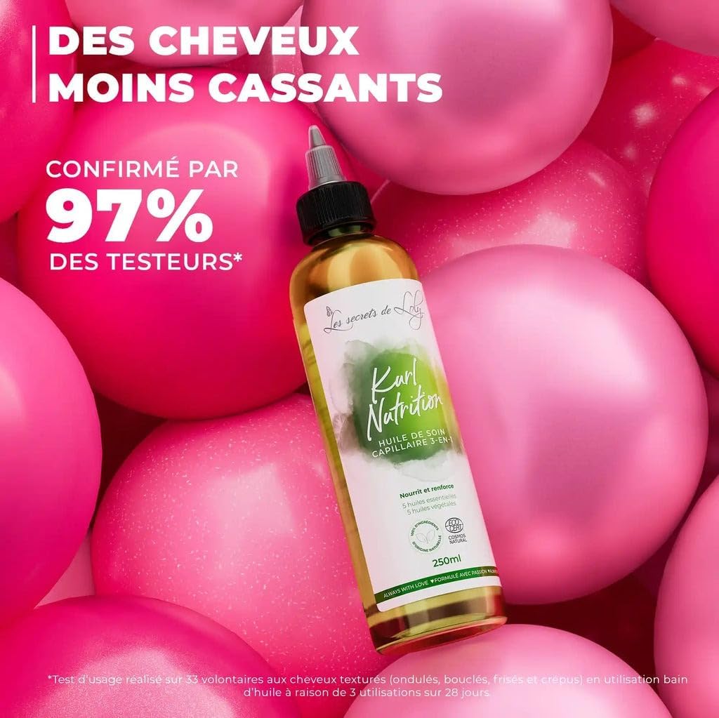 Les Secrets de Loly – Kurl Nutrition – Huile capillaire 3-en-1 Nourrissante & fortifiante – Cheveux ondulés, bouclés, frisés et crépus – 100% d'origine naturelle – 250 ml