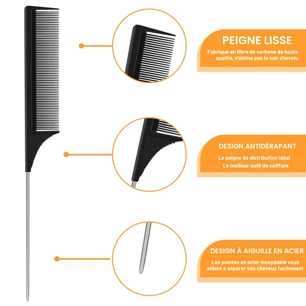 Sularpek 3 PCS Peigne à Queue Antistatique en Fibre de Carbone, Coiffant, de Séparation, à Queue de Rat pour Cheveux de Salon - Femmes et Hommes