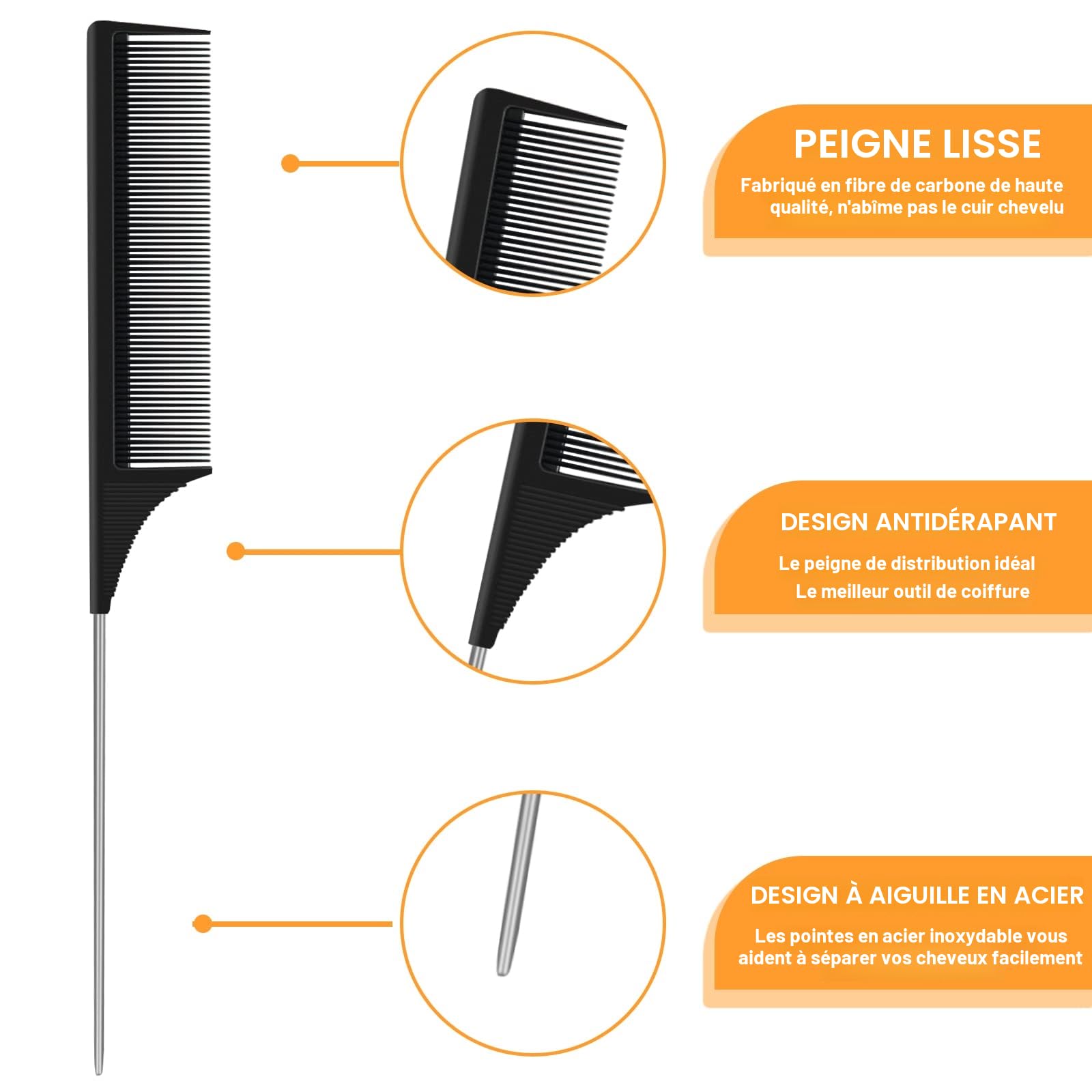 Sularpek 3 PCS Peigne à Queue Antistatique en Fibre de Carbone, Coiffant, de Séparation, à Queue de Rat pour Cheveux de Salon - Femmes et Hommes