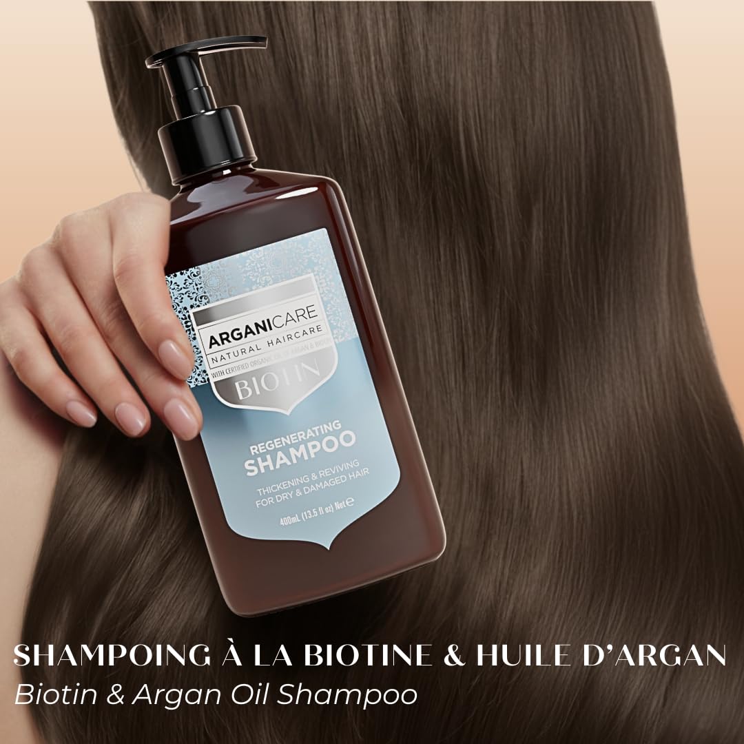 ARGANICARE Shampooing Régénérant Fortifiant Biotine & Huile d’Argan – Vitalité, Nutrition et Résistance – Renforce la Fibre Capillaire – Cheveux Fragilisés et Ternes – 400 mL