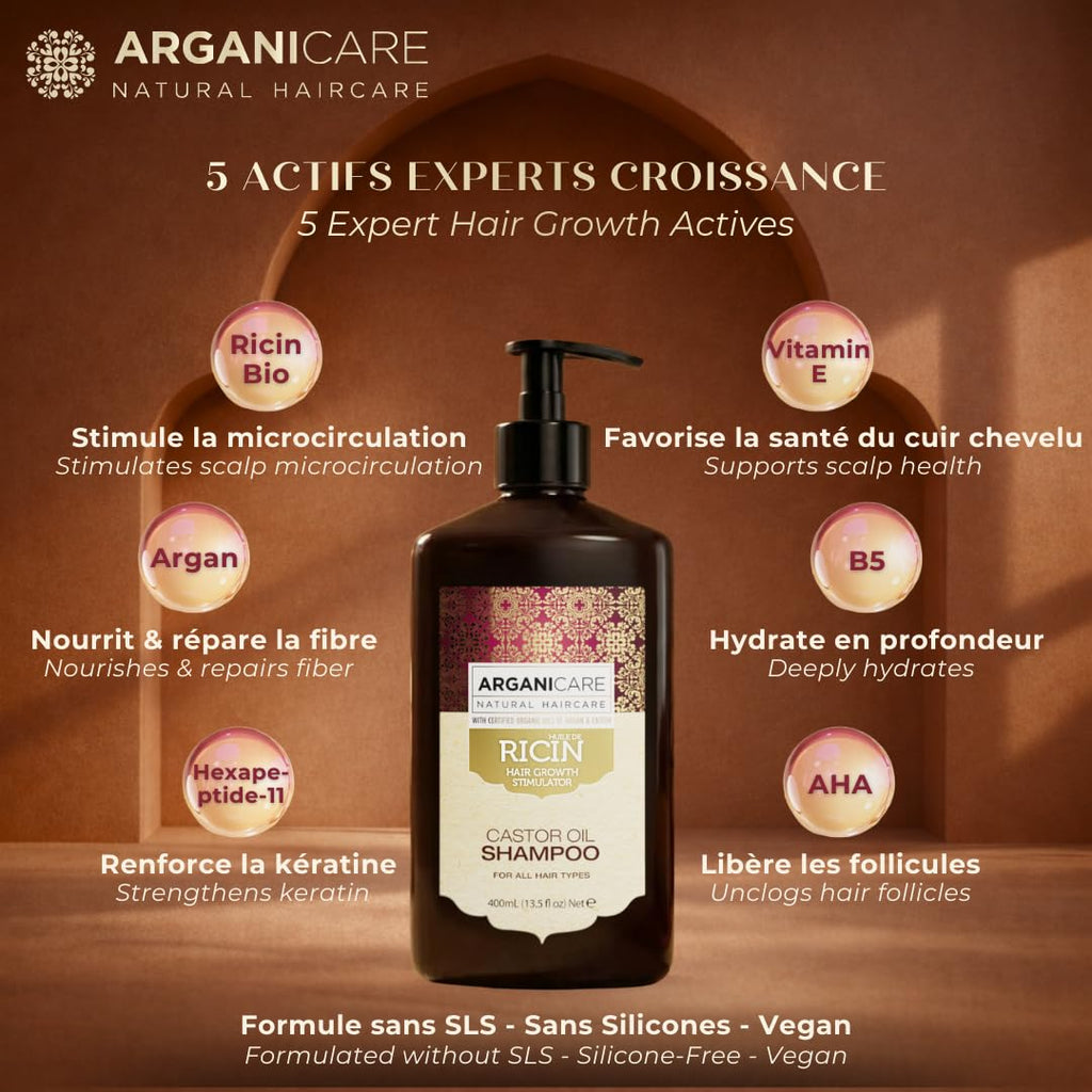 ARGANICARE Shampooing Régénérant Fortifiant Biotine & Huile d’Argan – Vitalité, Nutrition et Résistance – Renforce la Fibre Capillaire – Cheveux Fragilisés et Ternes – 400 mL
