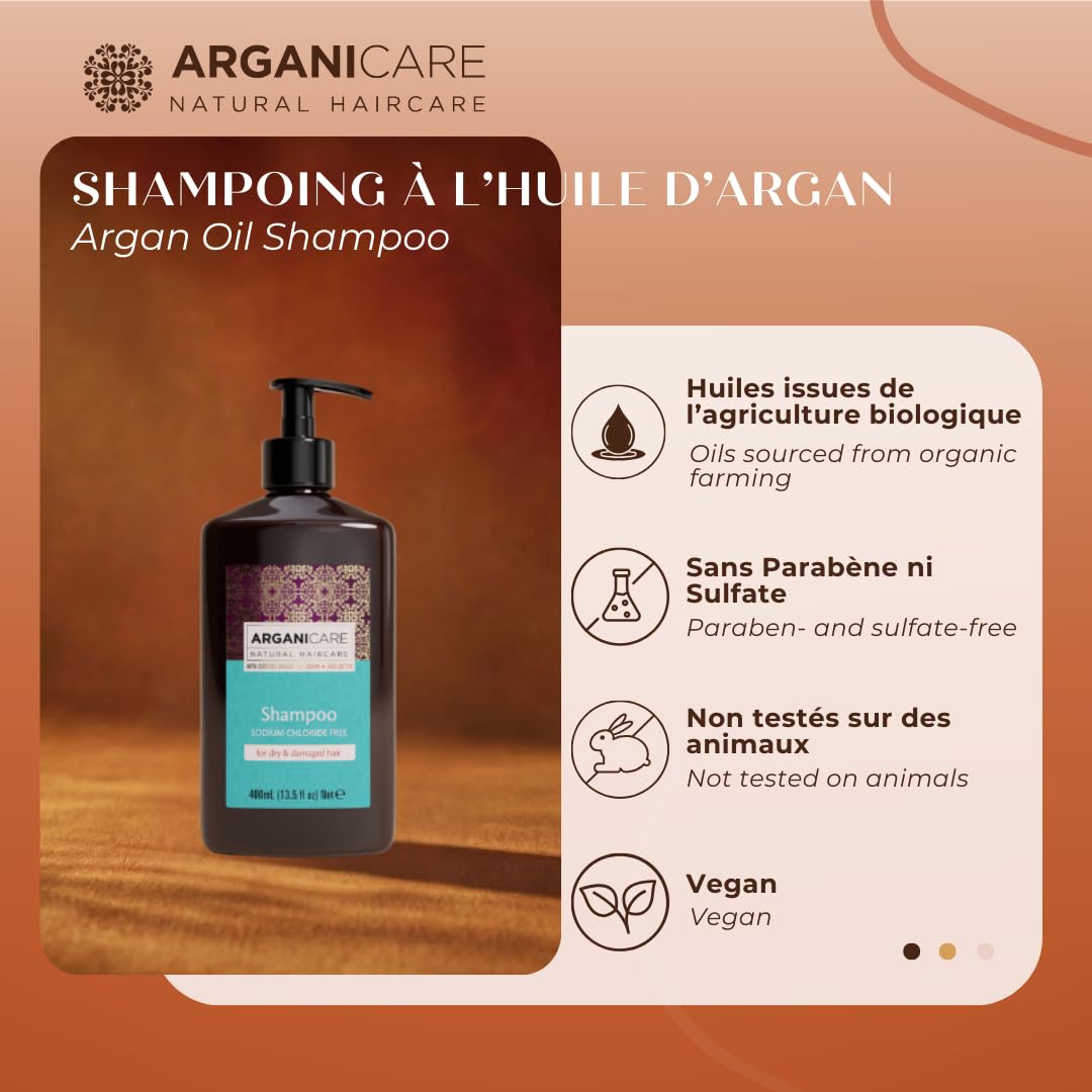 ARGANICARE Shampooing Régénérant Fortifiant Biotine & Huile d’Argan – Vitalité, Nutrition et Résistance – Renforce la Fibre Capillaire – Cheveux Fragilisés et Ternes – 400 mL