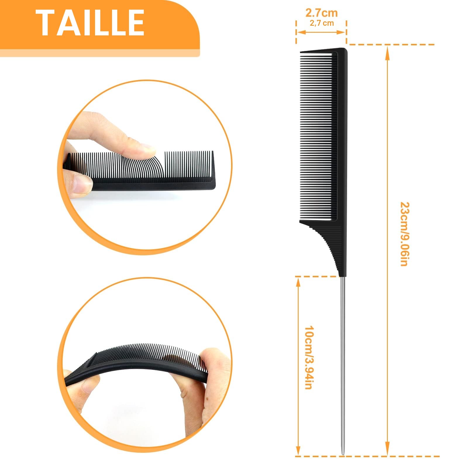 Sularpek 3 PCS Peigne à Queue Antistatique en Fibre de Carbone, Coiffant, de Séparation, à Queue de Rat pour Cheveux de Salon - Femmes et Hommes