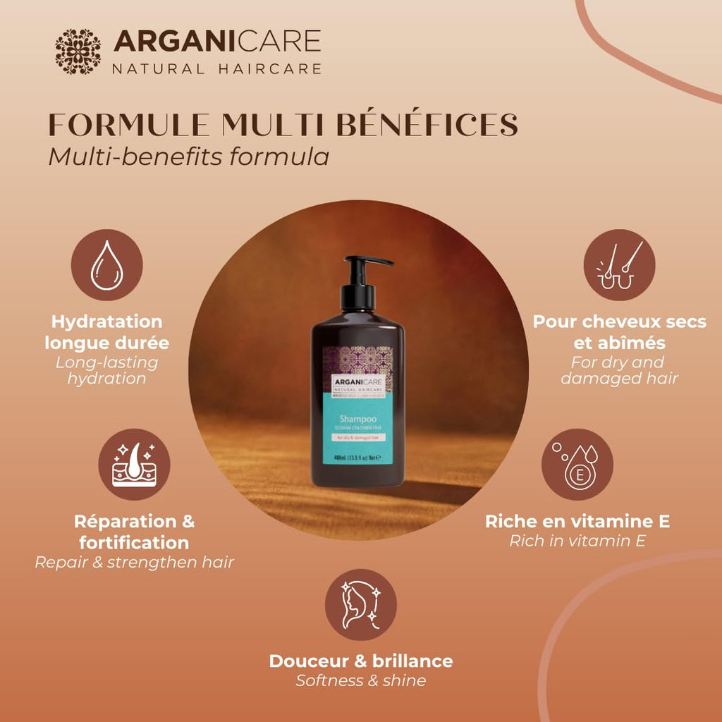 ARGANICARE Shampooing Régénérant Fortifiant Biotine & Huile d’Argan – Vitalité, Nutrition et Résistance – Renforce la Fibre Capillaire – Cheveux Fragilisés et Ternes – 400 mL