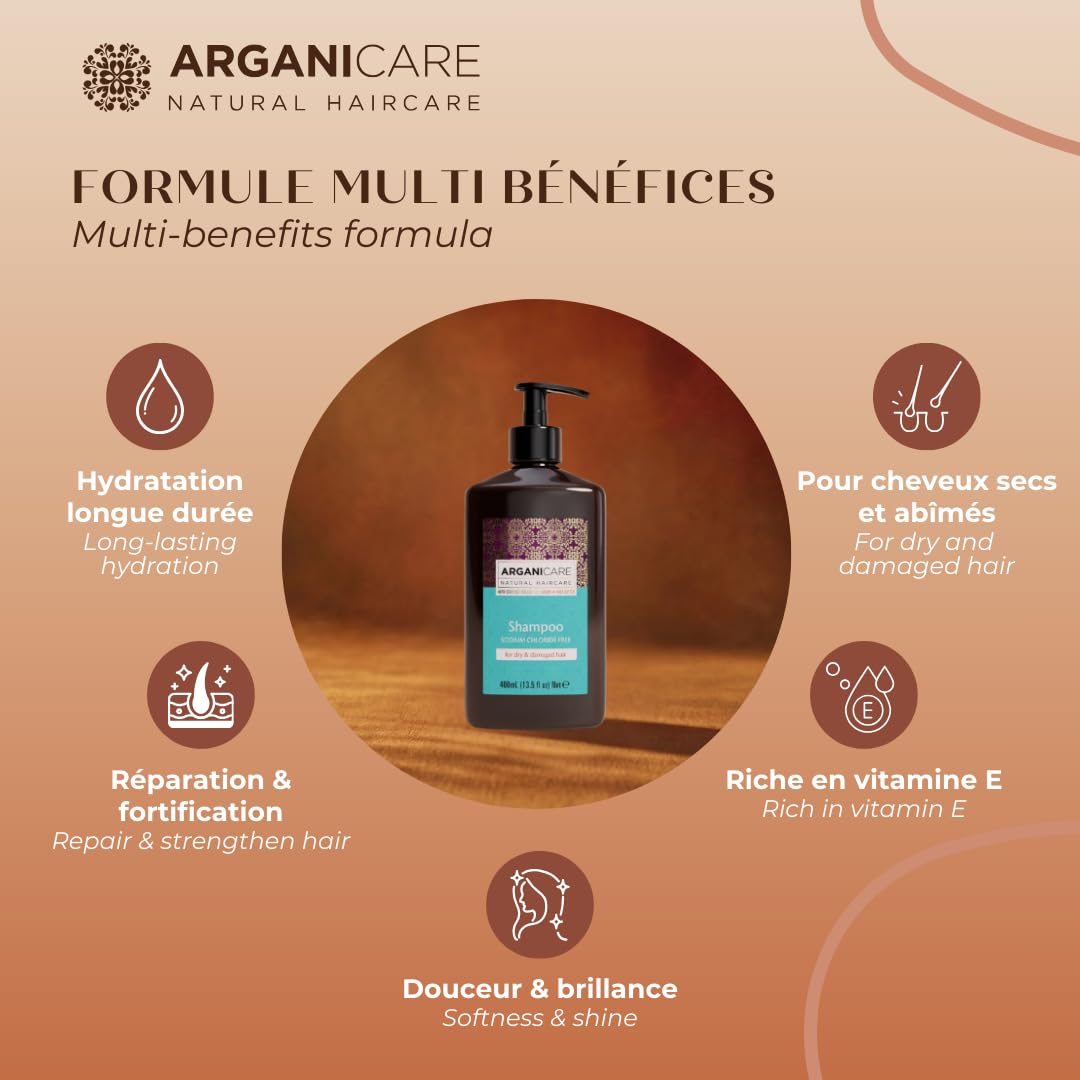 ARGANICARE Shampooing Régénérant Fortifiant Biotine & Huile d’Argan – Vitalité, Nutrition et Résistance – Renforce la Fibre Capillaire – Cheveux Fragilisés et Ternes – 400 mL