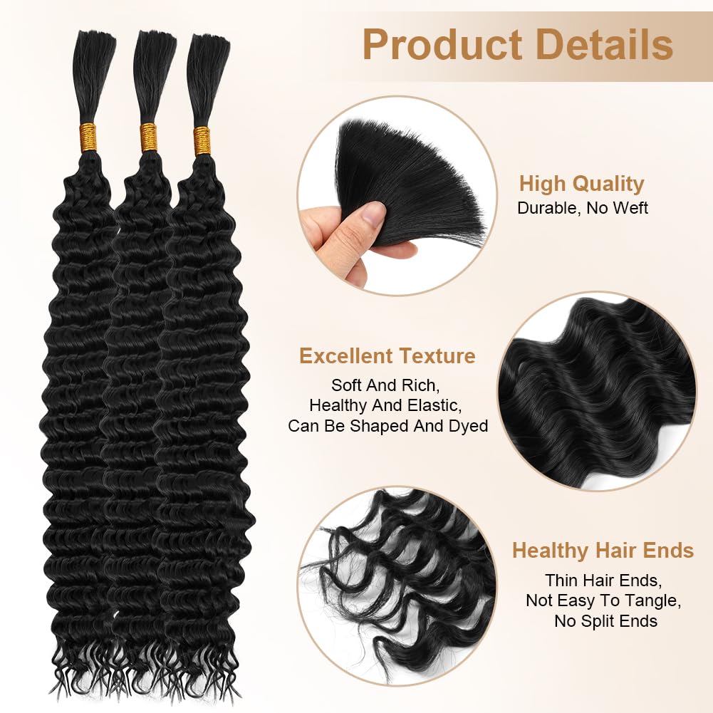 Aomig Cheveux Crochetés Tresses de Bohème, 2PACK/65CM Paquets de Bulk Cheveux Tressés Deep Wave Deep Twist, Meches pour Tresses Africaine, Braids Tissage Synthétique Bresilien (65cm,Noir)