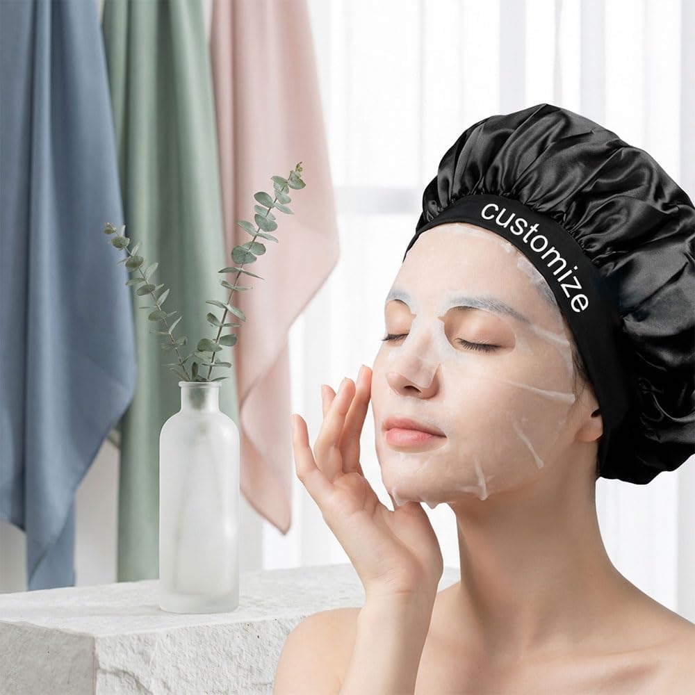 Bonnet En Satin Avec Image/Texte Personnalisé, Réutilisable Doux Et Confortable, Mèche élastique pour Dormir, Couvre-Cheveux de Nuit pour Cheveux Bouclés, Parfait Pour Protéger Vos Cheveux