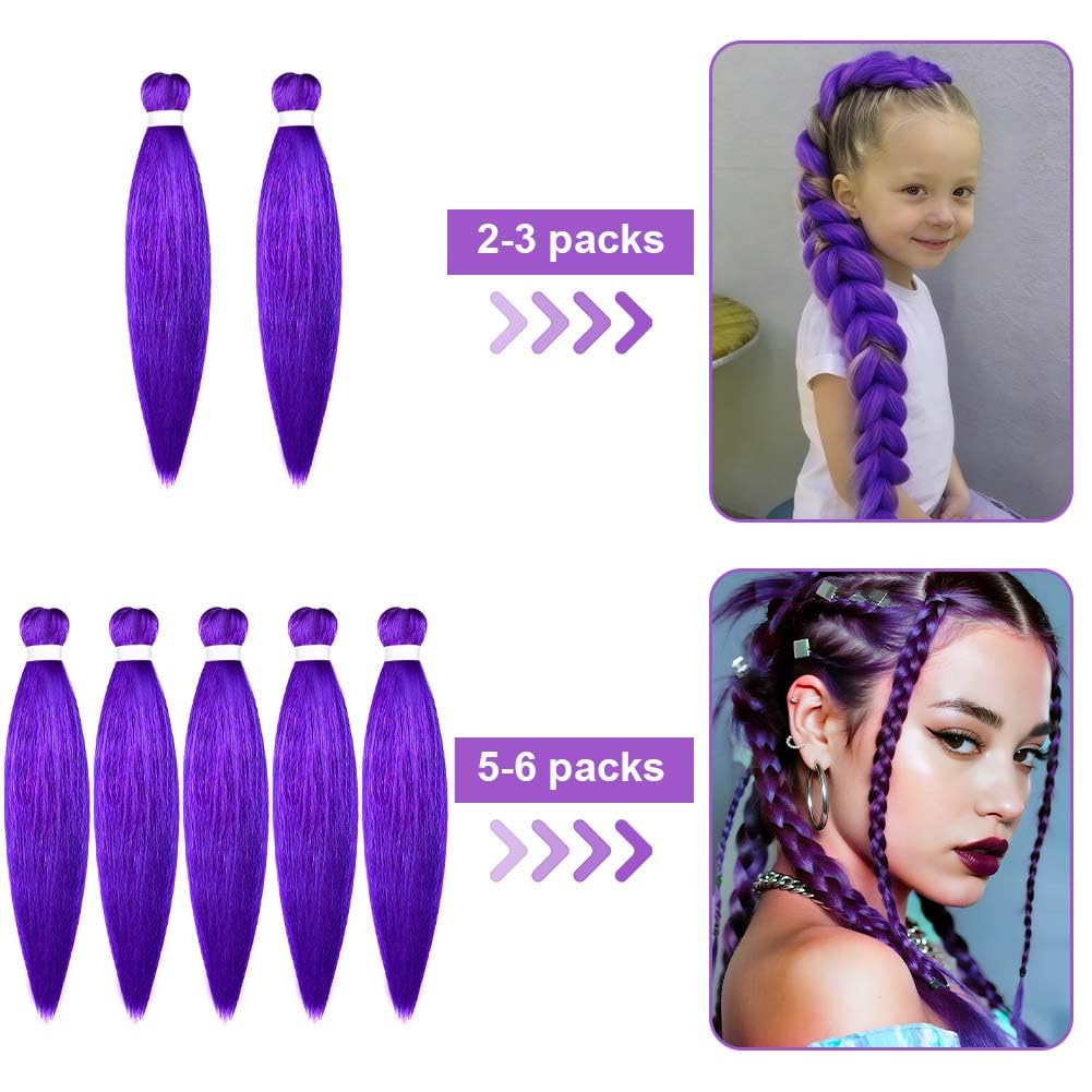 Aomig Rajout Cheveux Tressés Pré-étirés Violet, 4 Paquets 27 Pouces Meches Cheveux Extension Pre Stretched Braiding Hair Tresse Cheveux Synthétique Hair Hot Water Setting Crochet Extensions