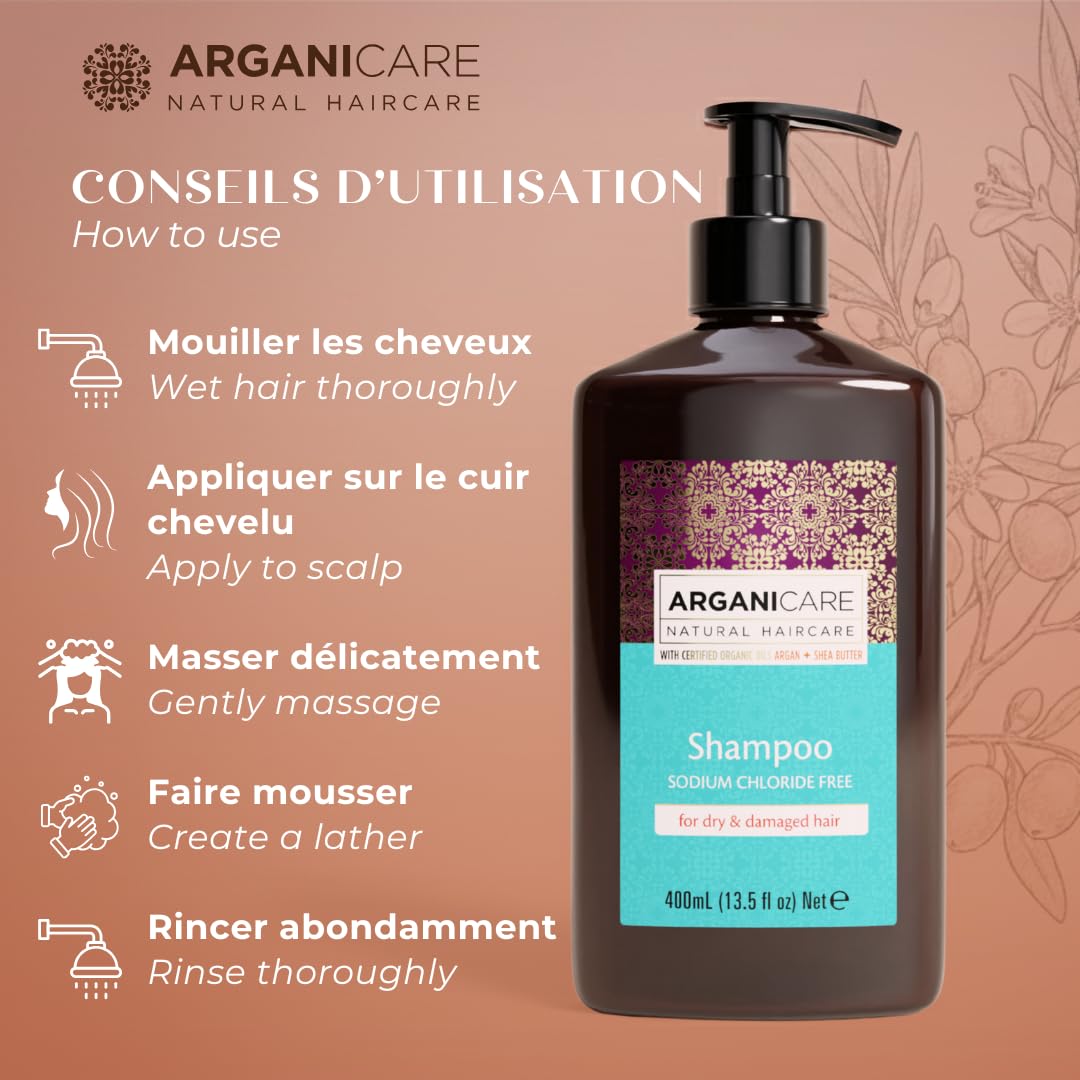 ARGANICARE Shampooing Régénérant Fortifiant Biotine & Huile d’Argan – Vitalité, Nutrition et Résistance – Renforce la Fibre Capillaire – Cheveux Fragilisés et Ternes – 400 mL