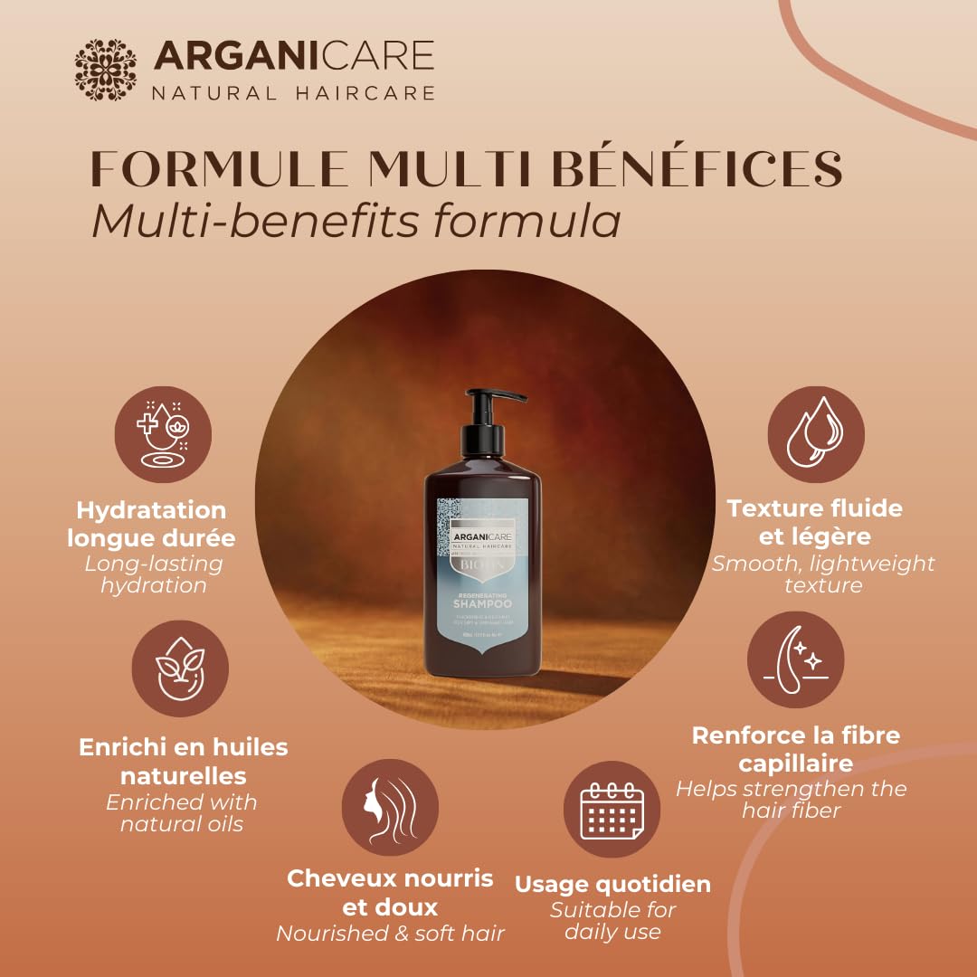 ARGANICARE Shampooing Régénérant Fortifiant Biotine & Huile d’Argan – Vitalité, Nutrition et Résistance – Renforce la Fibre Capillaire – Cheveux Fragilisés et Ternes – 400 mL