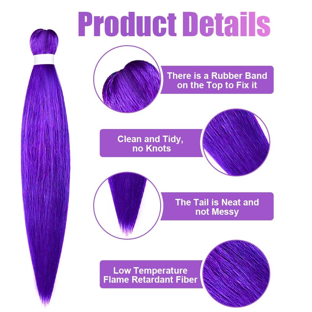 Aomig Rajout Cheveux Tressés Pré-étirés Violet, 4 Paquets 27 Pouces Meches Cheveux Extension Pre Stretched Braiding Hair Tresse Cheveux Synthétique Hair Hot Water Setting Crochet Extensions