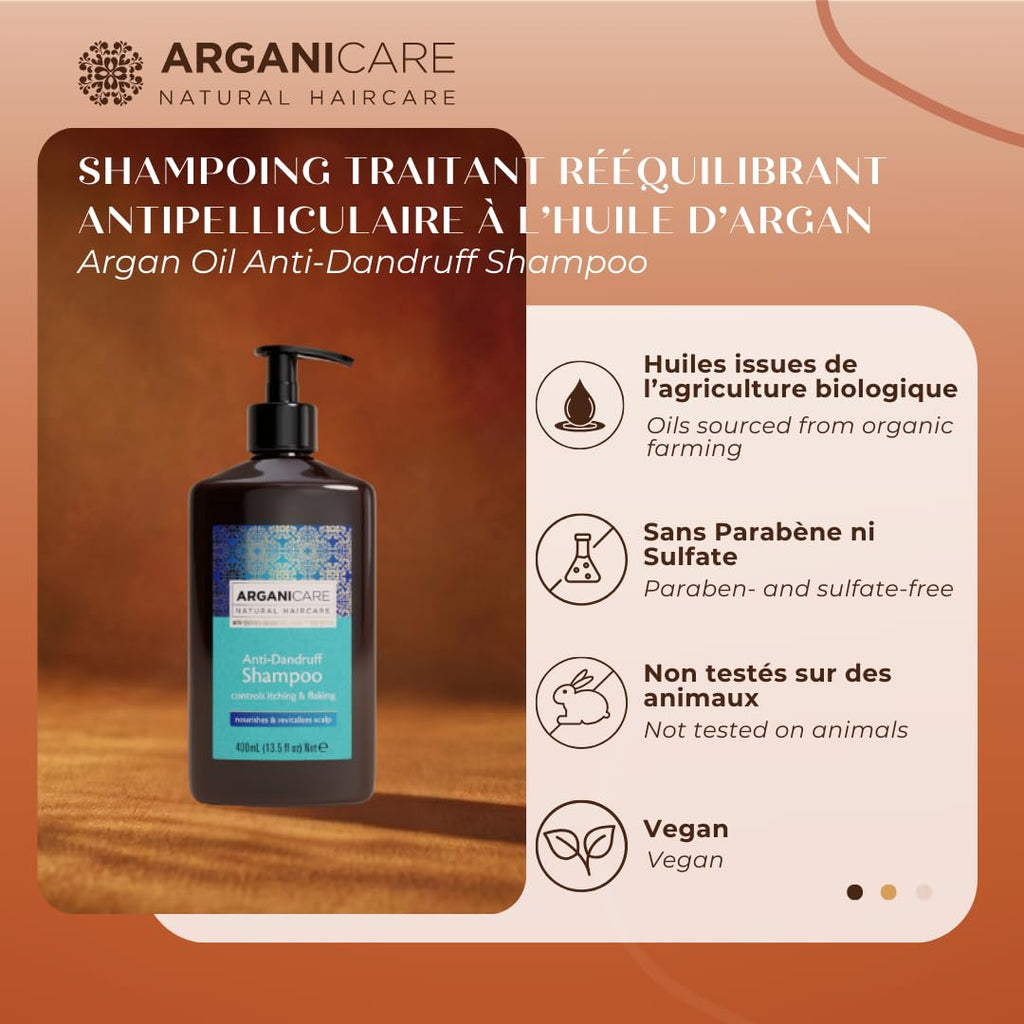 ARGANICARE - Shampoing traitant Antipelliculaire à l'Huile d'Argan - Soin Cheveux Secs et Abîmés - Flacon 400 ml