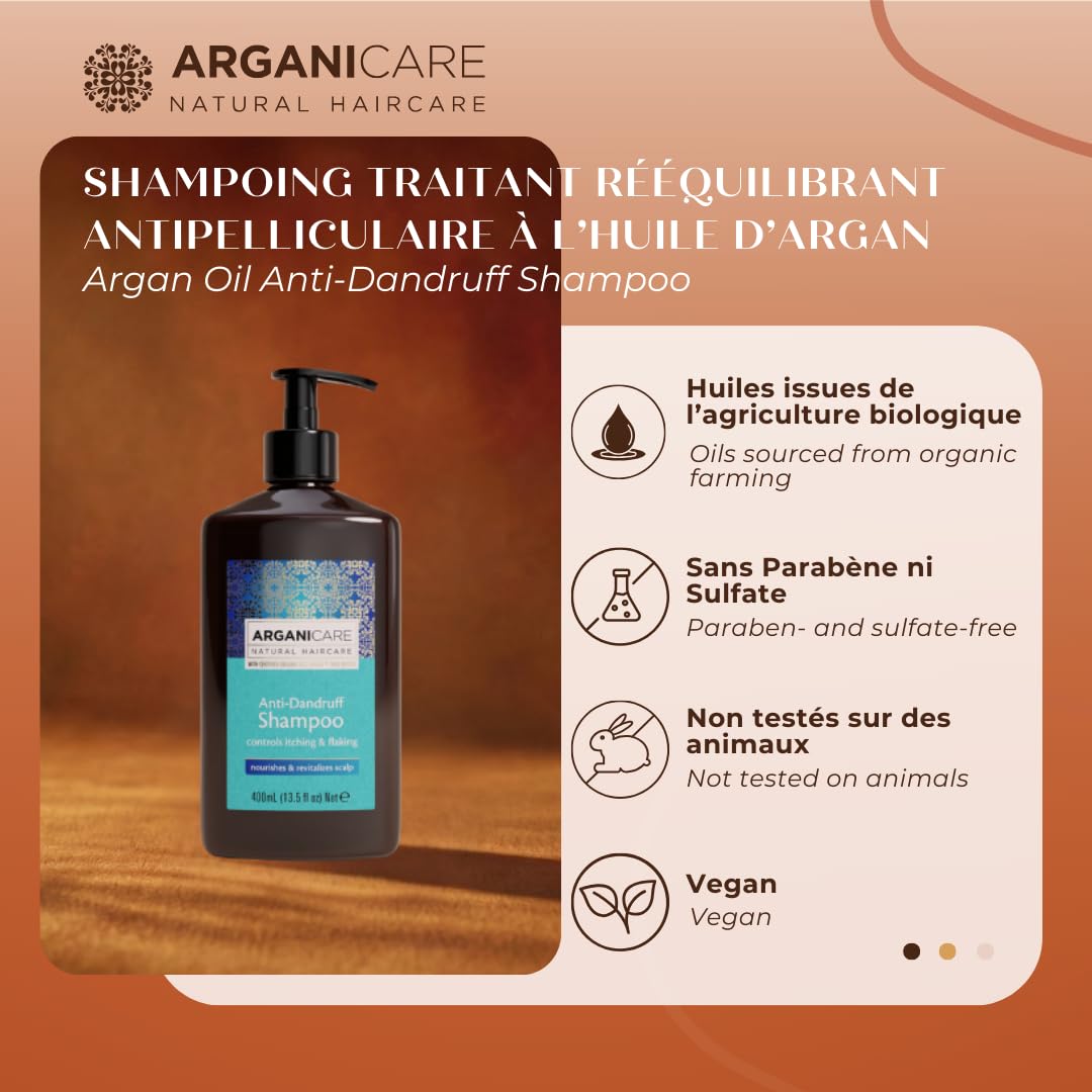 ARGANICARE - Shampoing traitant Antipelliculaire à l'Huile d'Argan - Soin Cheveux Secs et Abîmés - Flacon 400 ml