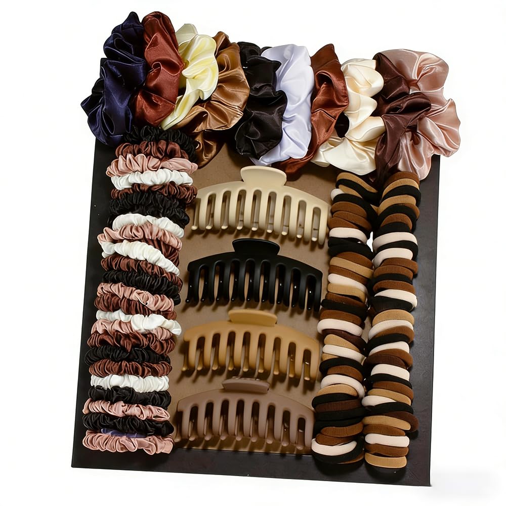 Coffret 143 Pièces Accessoires Cheveux avec 120 Elastique Cheveux, 18 Chouchous Cheveux en Satin et 5 Pinces Cheveux Femme Grande Matériau Doux et Élastique pour Cérémonies, Anniversaire et Quotidien