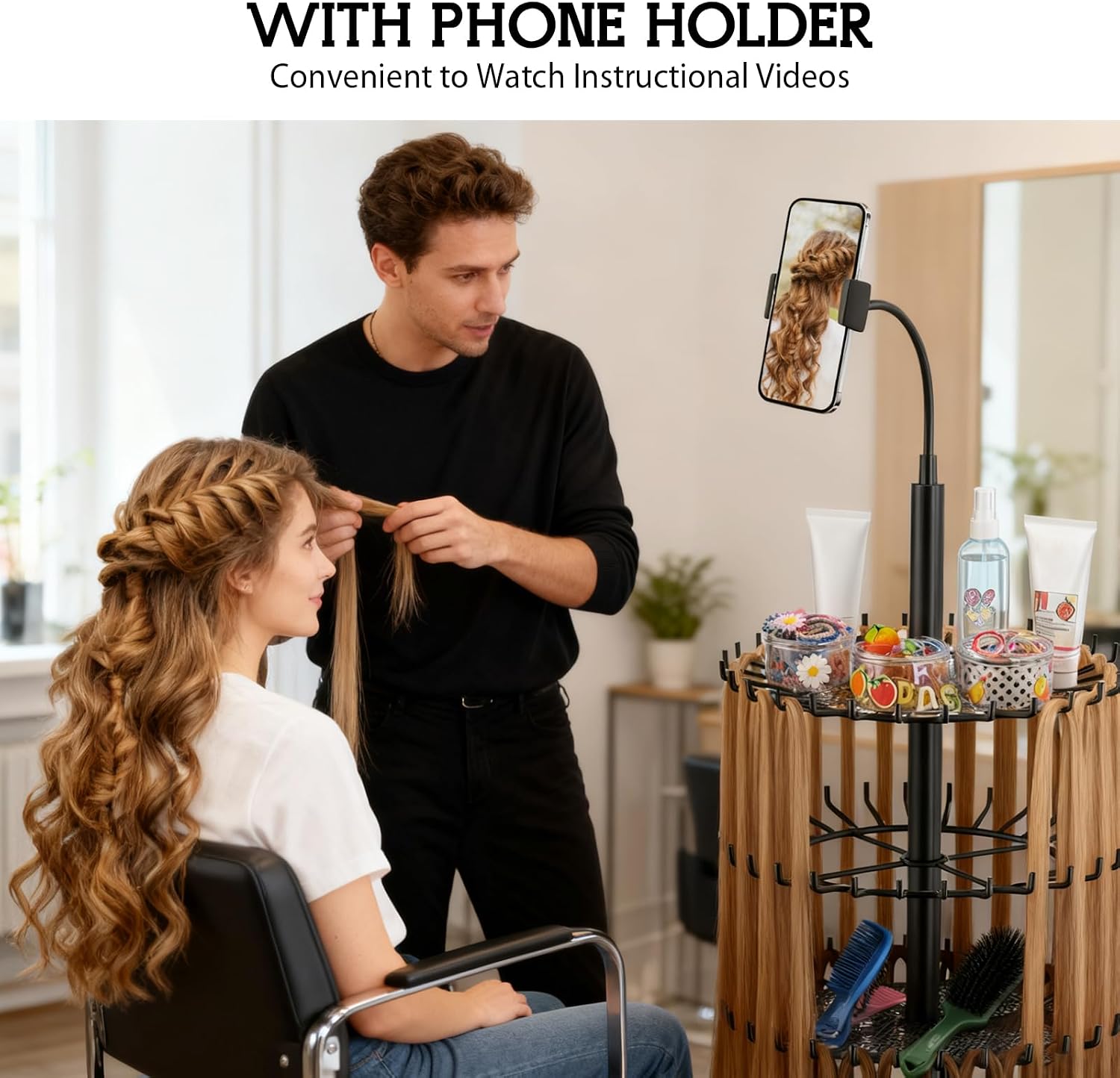 JAOGAUS Support de Perruque, Porte Perruques avec Support pour Téléphone, Réglable en Hauteur avec 140 Pinces pour le Rangement des Perruques, Extension de Cheveux