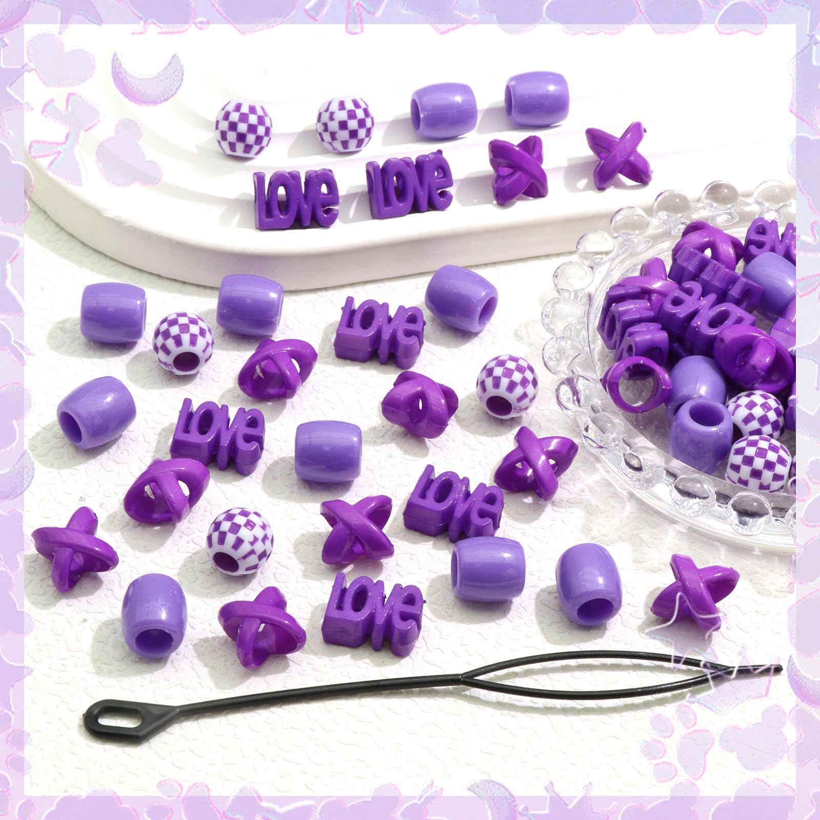 60 perles à cheveux pour enfants filles perles de tresse multicolores rouge X-ronde-LOVE-forme mixte avec aide à l'enfilage