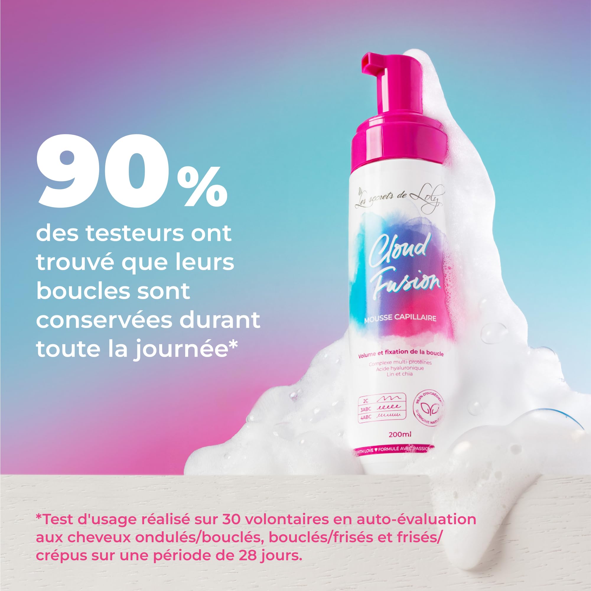 Les Secrets de Loly – Cloud Fusion – Mousse coiffante fixante Volume & définition – Cheveux ondulés, bouclés et frisés – Avec acide hyaluronique – 200 ml