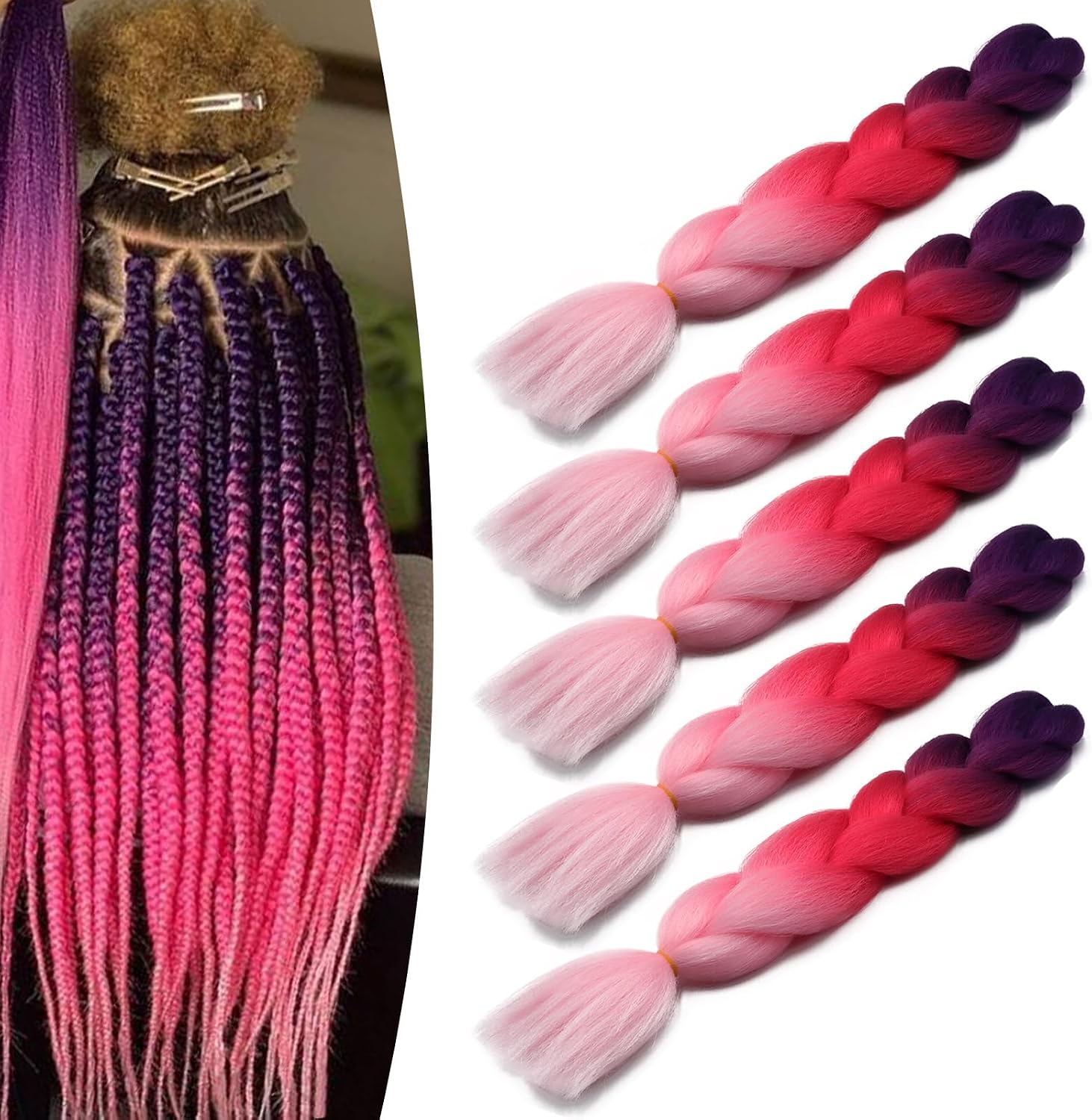 Meches pour Tresses Africaine Rajout Cheveux Braids Jumbo Extension Cheveux Ombre Synthétique Violet & Bleu & Jaune & Orange