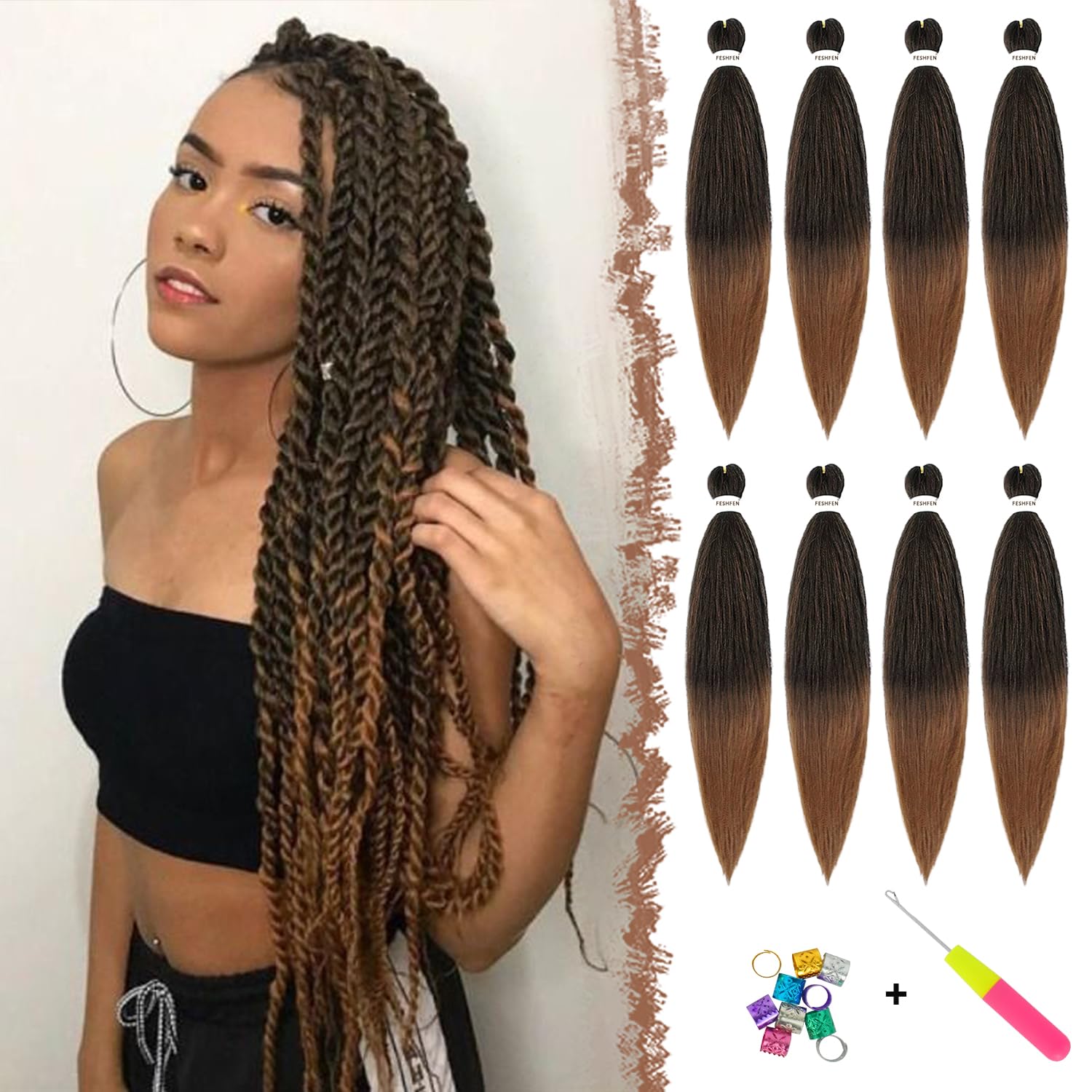 FESHFEN Meches pour Tresses Africaine Rajout Cheveux Tresses Pré étiré Tressage Braiding Hair Synthétiques Yaki 8 Packs Hair Braids Extensions de cheveux pour Femme 65cm Noir cassé à Auburn clair