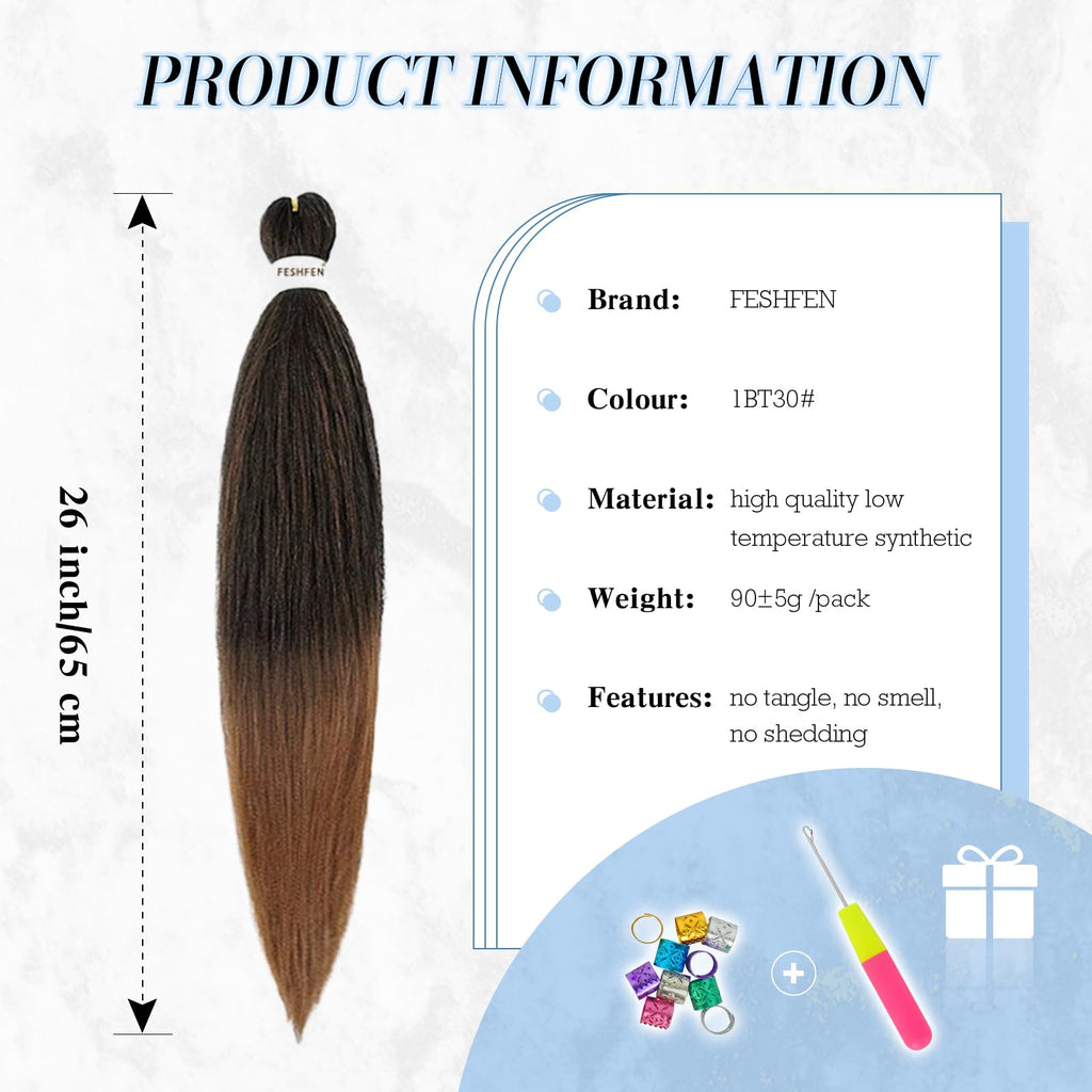 FESHFEN Meches pour Tresses Africaine Rajout Cheveux Tresses Pré étiré Tressage Braiding Hair Synthétiques Yaki 8 Packs Hair Braids Extensions de cheveux pour Femme 65cm Noir cassé à Auburn clair