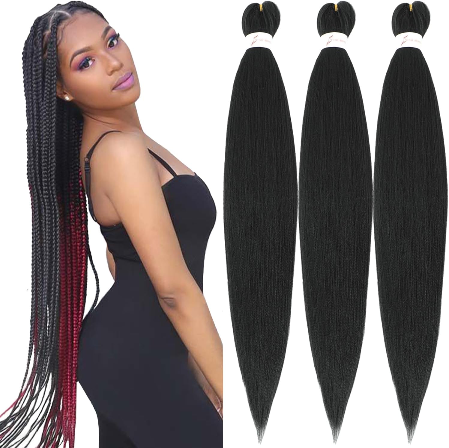 Rajout Cheveux Tressés Pré-étirés Noir Naturelles Black 30 Pouces Long Kanekalon Easy Braids Meches Cheveux pour Tresses Africaine 6 Paquets Knotless Yaki Nattes Extensions de Cheveux(1B#)