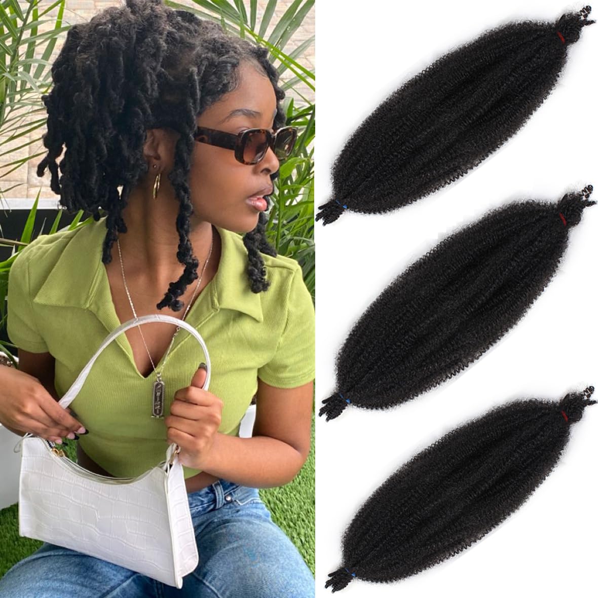 Leeven 16 Pouces Pre Separated Springy Twist Hair 8 Packs Pre-Fluffed Popping Crochet for Distressed Locs Afro Kinky Curly Marley Braiding Hair Extensions /1B#