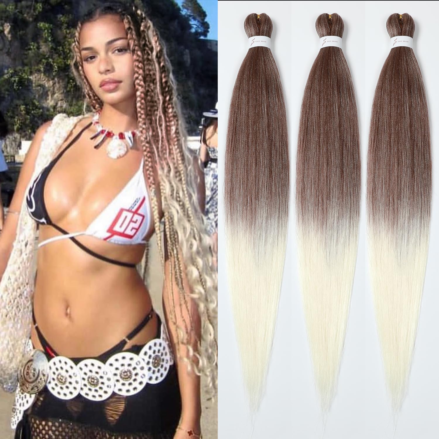 YDDM Meches Pour Tresses Africaine Rose et blanc Rajout Cheveux Tresses Texture Yaki Easy Install pour Debutants 20 Pouces 3 Paquets Cheveux Legers Naturels pour Box Braids Twist Crochet Styles