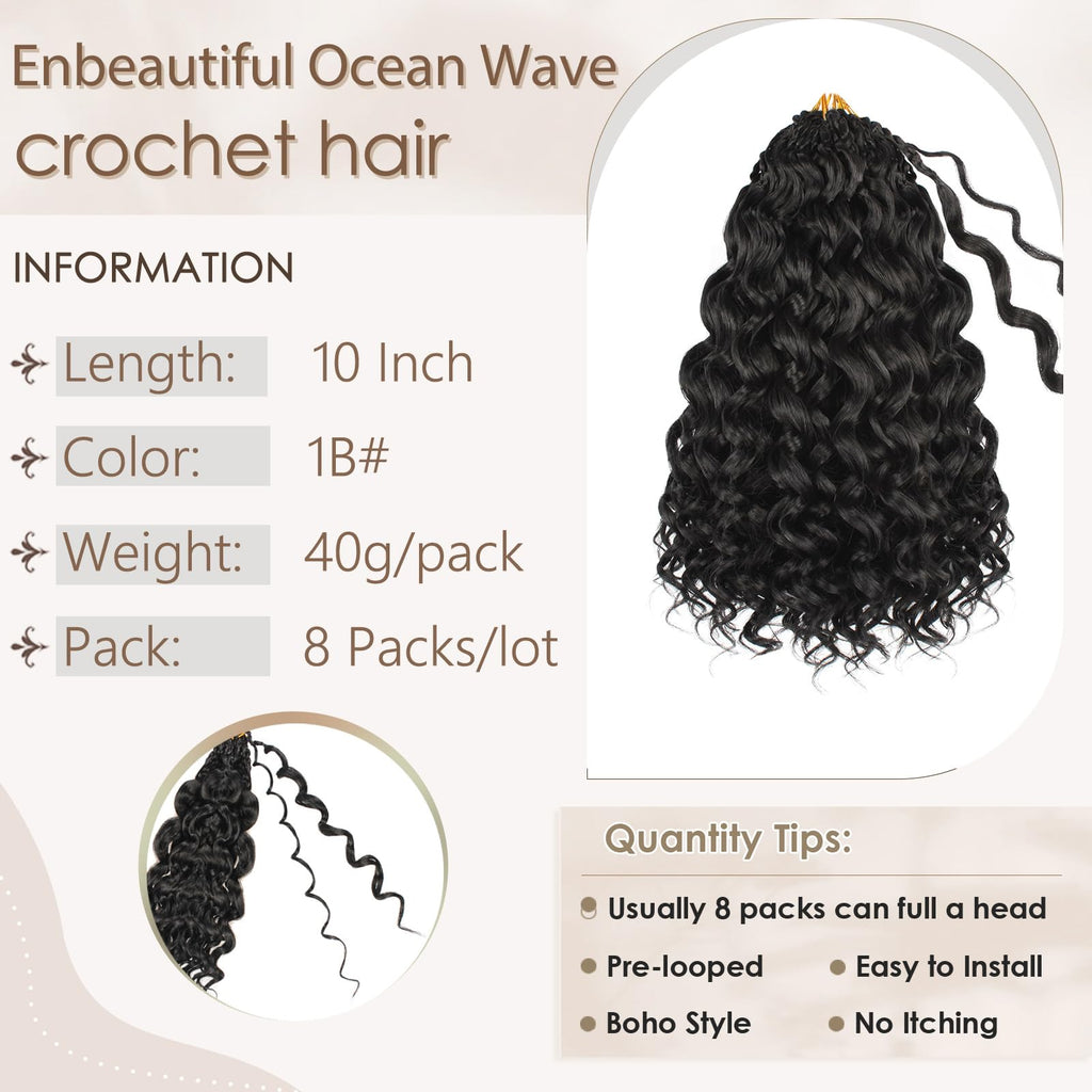Enbeautiful 14 Inch 8 Packs Pre-Looped Ocean Wave Crochet Hair Pre-Twisted Deep Water Beach Curly Braiding Hair Synthetic Boho Wavy Curly Hair Extensions for Women（14 Inch,TBug）