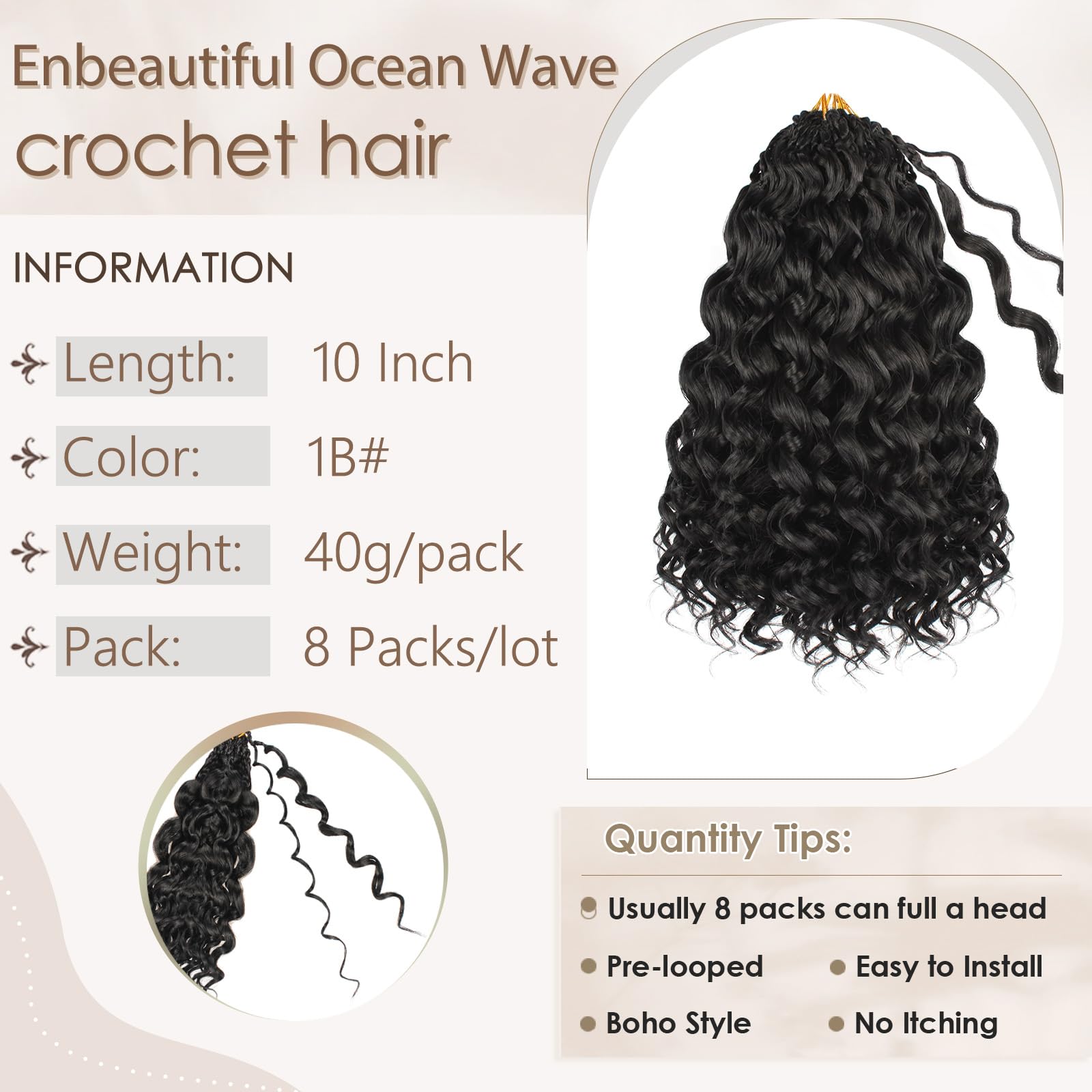 Enbeautiful 14 Inch 8 Packs Pre-Looped Ocean Wave Crochet Hair Pre-Twisted Deep Water Beach Curly Braiding Hair Synthetic Boho Wavy Curly Hair Extensions for Women（14 Inch,TBug）